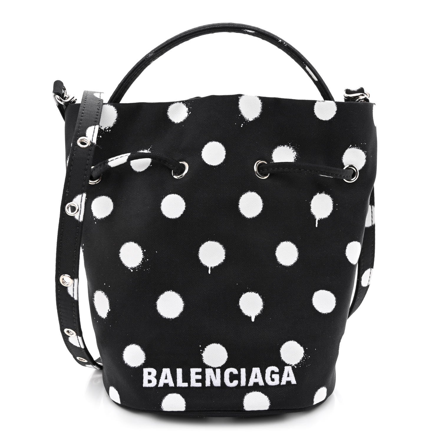 Balenciaga Recycled Sport Nylon Polka Dot Logo Embroidered Wheel Drawstring Bucket Bag Black White 1 of 10
