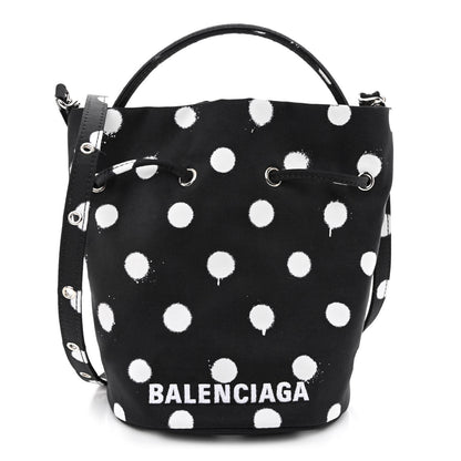 Balenciaga Recycled Sport Nylon Polka Dot Logo Embroidered Wheel Drawstring Bucket Bag Black White 1 of 10