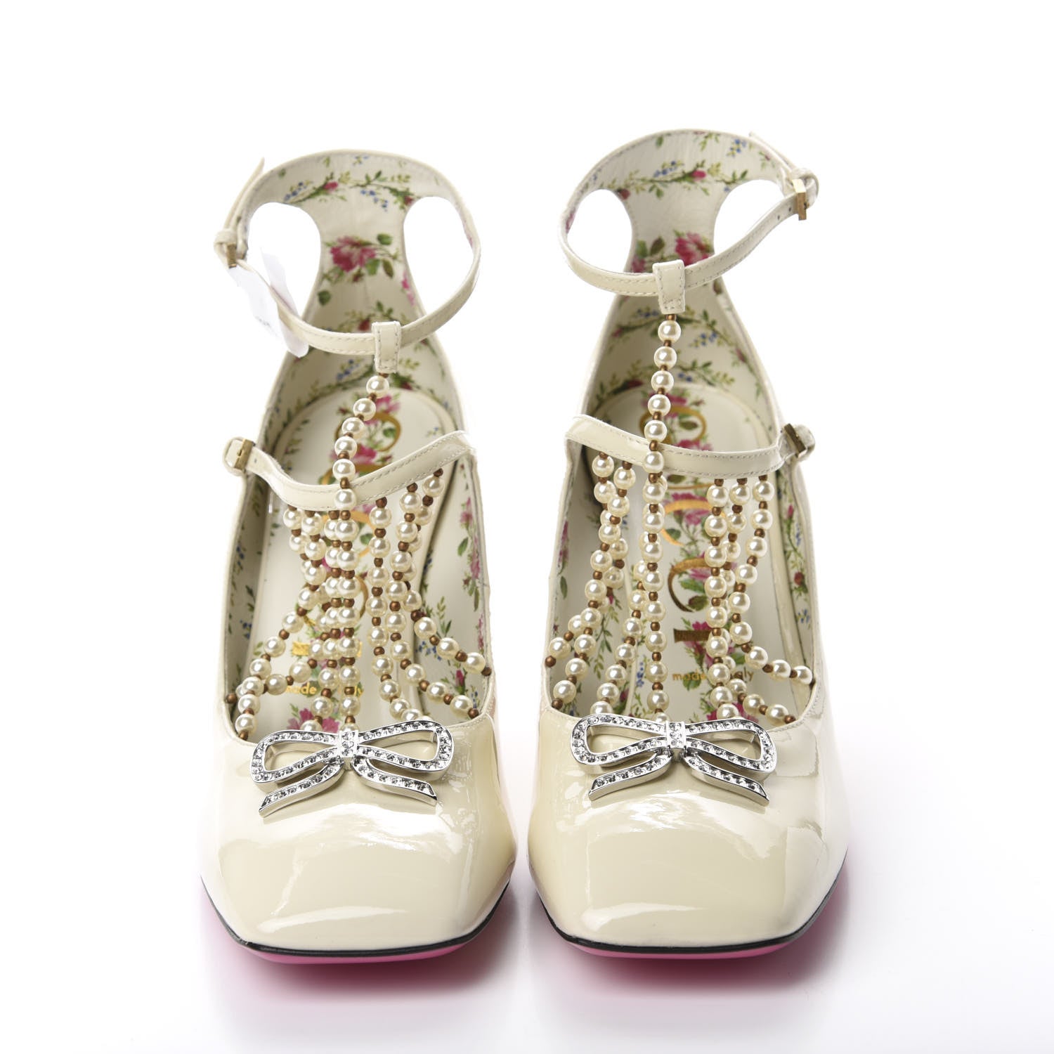 Gucci Patent Pearl Taide T-Strap Pumps 39 White 2 of 11