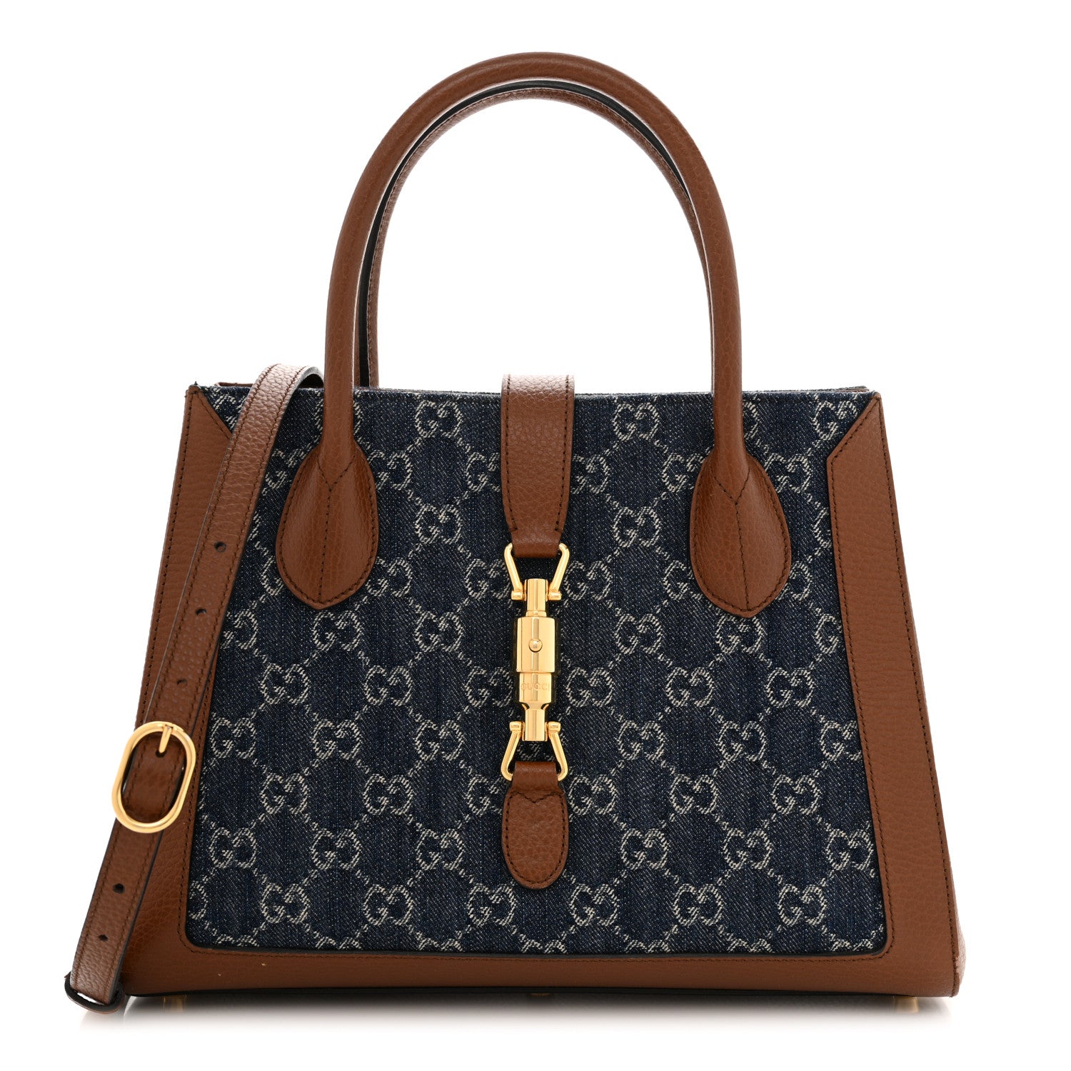 Gucci New Denim GG Monogram Dollar Calfskin Medium Jackie 1961 Tote Blue Tea Cuir Epilog 1 of 19