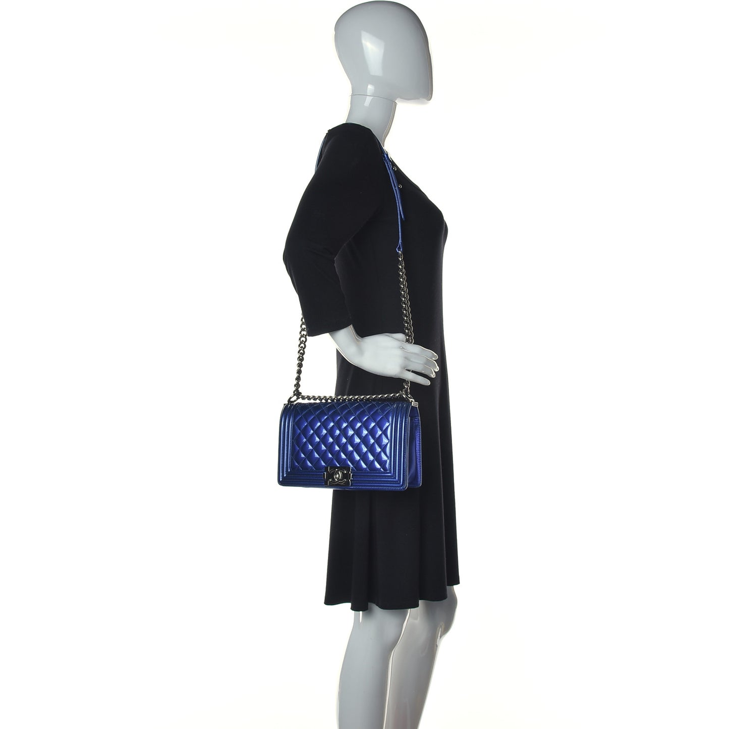 Metallic Patent Quilted Medium Boy Flap Blue