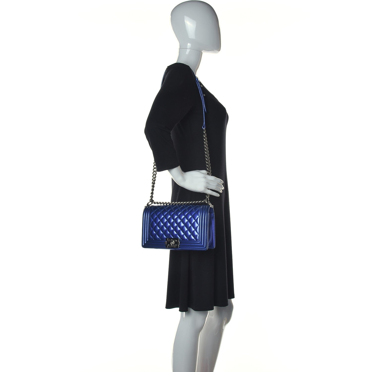 Chanel Metallic Patent Quilted Medium Boy Flap Blue 2 of 14