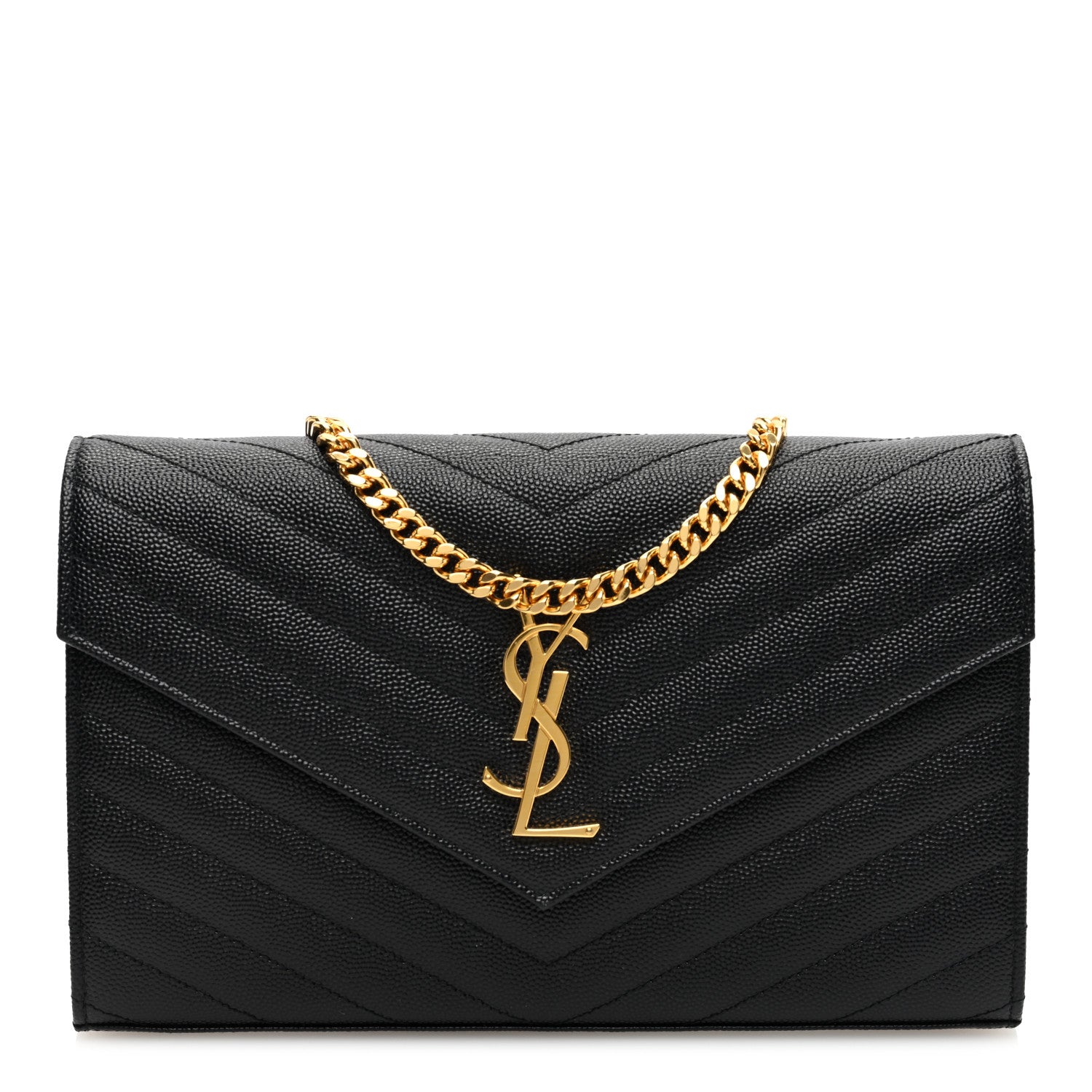 Saint Laurent Grain De Poudre Matelasse Chevron Monogram Chain Wallet Black 1 of 9