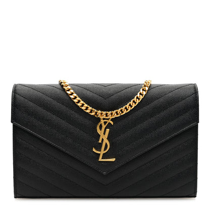 Saint Laurent Grain De Poudre Matelasse Chevron Monogram Chain Wallet Black 1 of 9