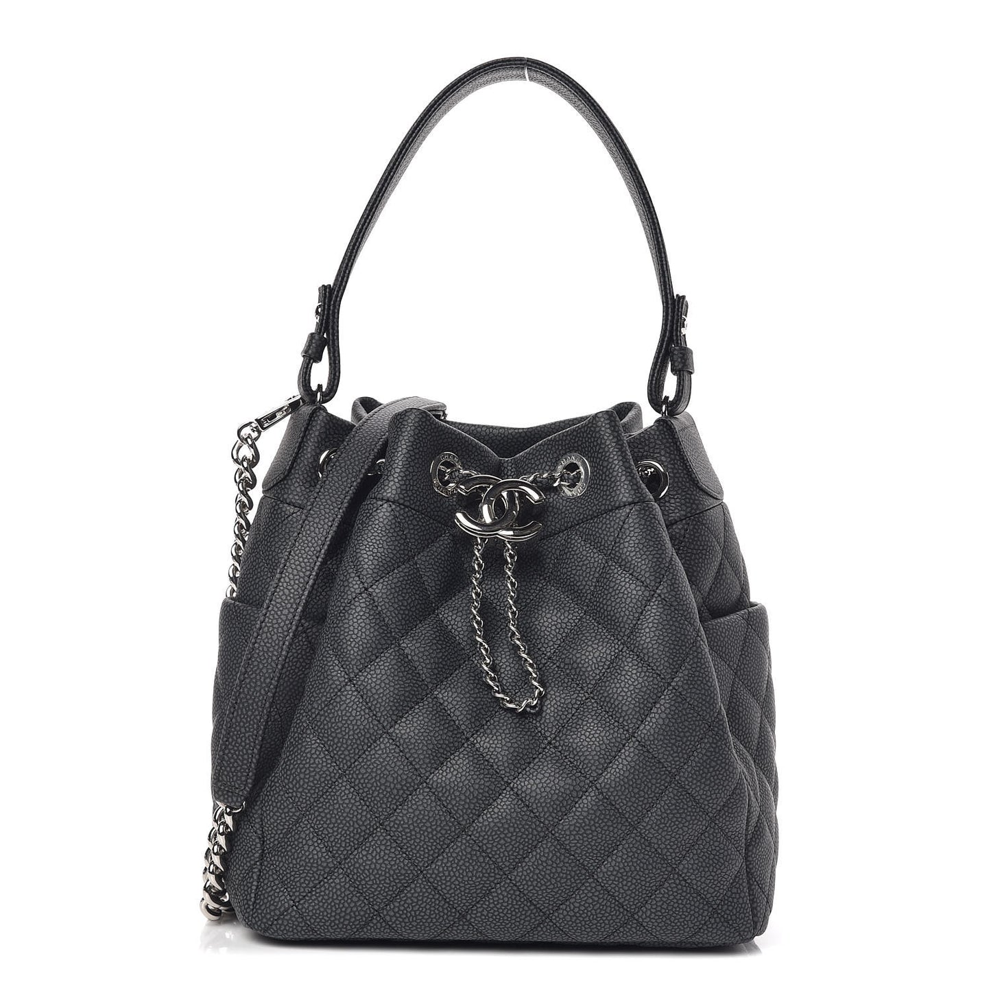 Caviar Flat Quilted CC Chain Bucket Drawstring Bag Black