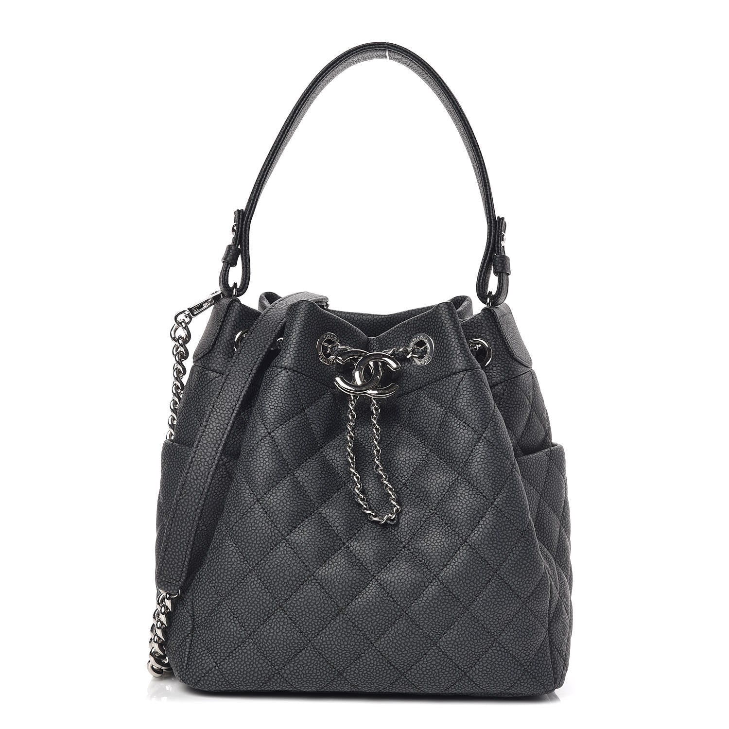 Chanel Caviar Flat Quilted CC Chain Bucket Drawstring Bag Black 1 of 9