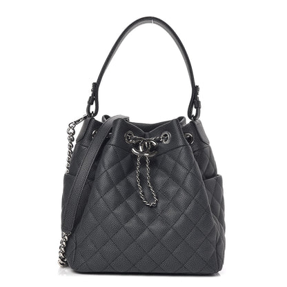 Chanel Caviar Flat Quilted CC Chain Bucket Drawstring Bag Black 1 of 9