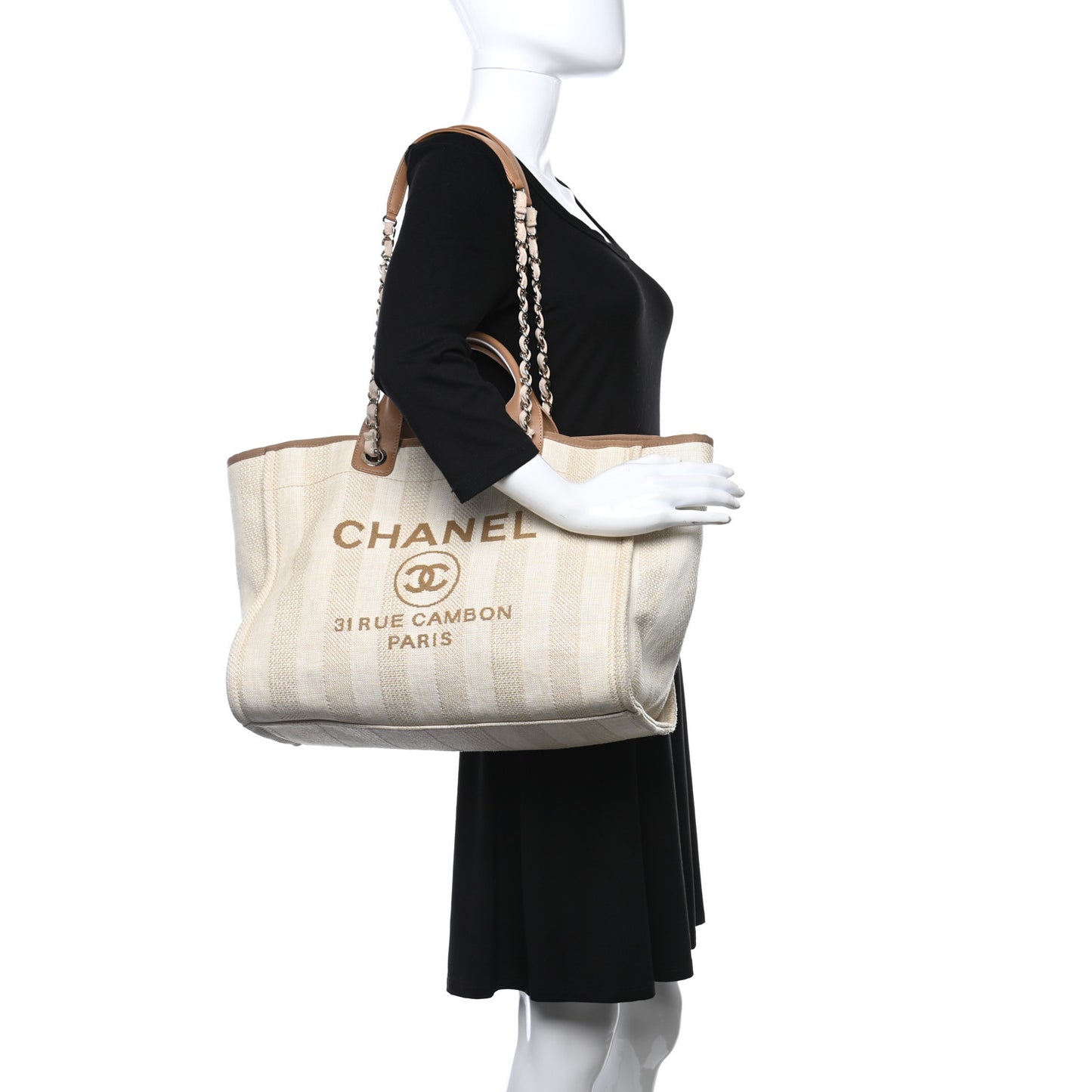 Mixed Fibers Striped Medium Deauville Tote Beige