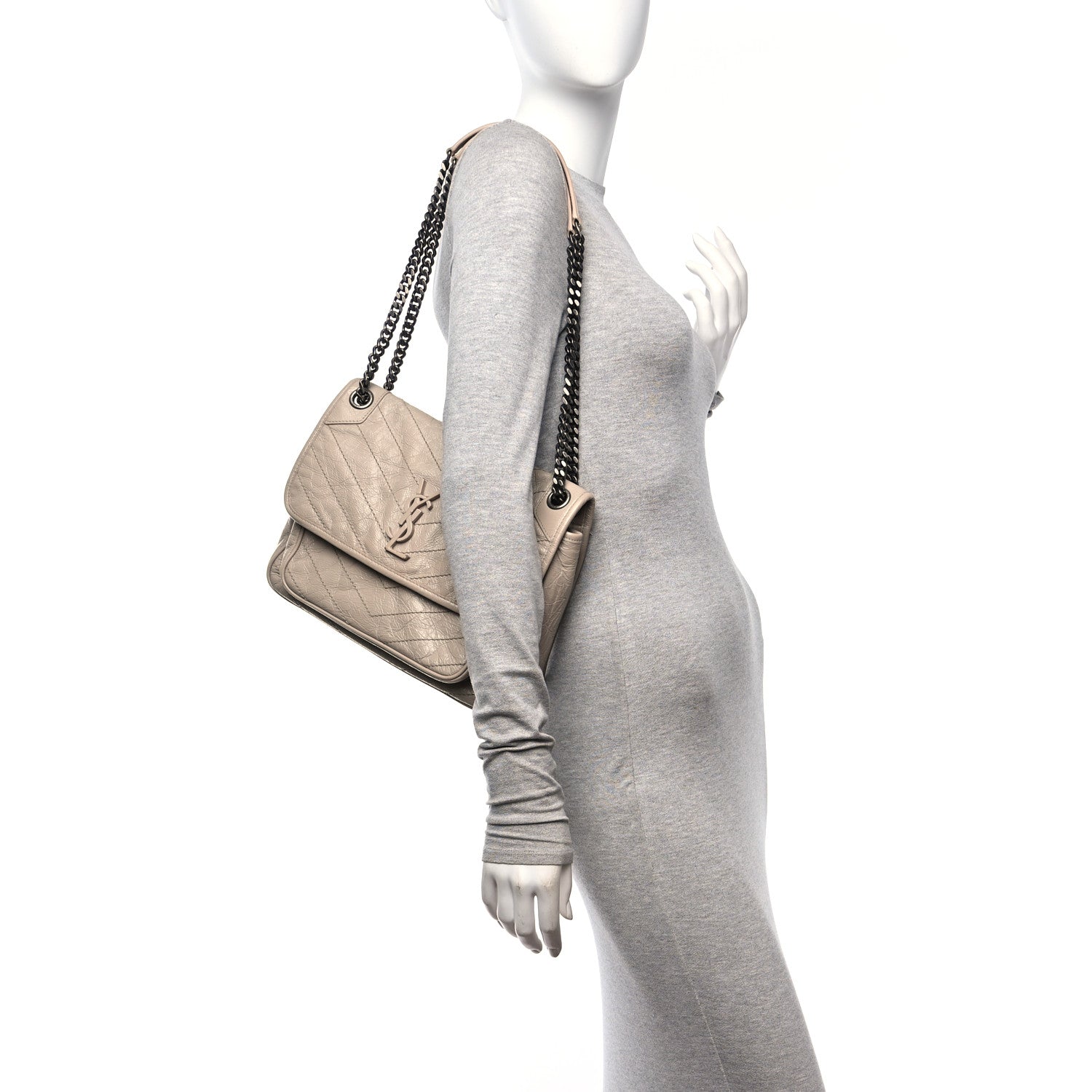 Saint Laurent Crinkled Calfskin Matelasse Monogram Medium Niki Chain Satchel Light Taupe 2 of 11