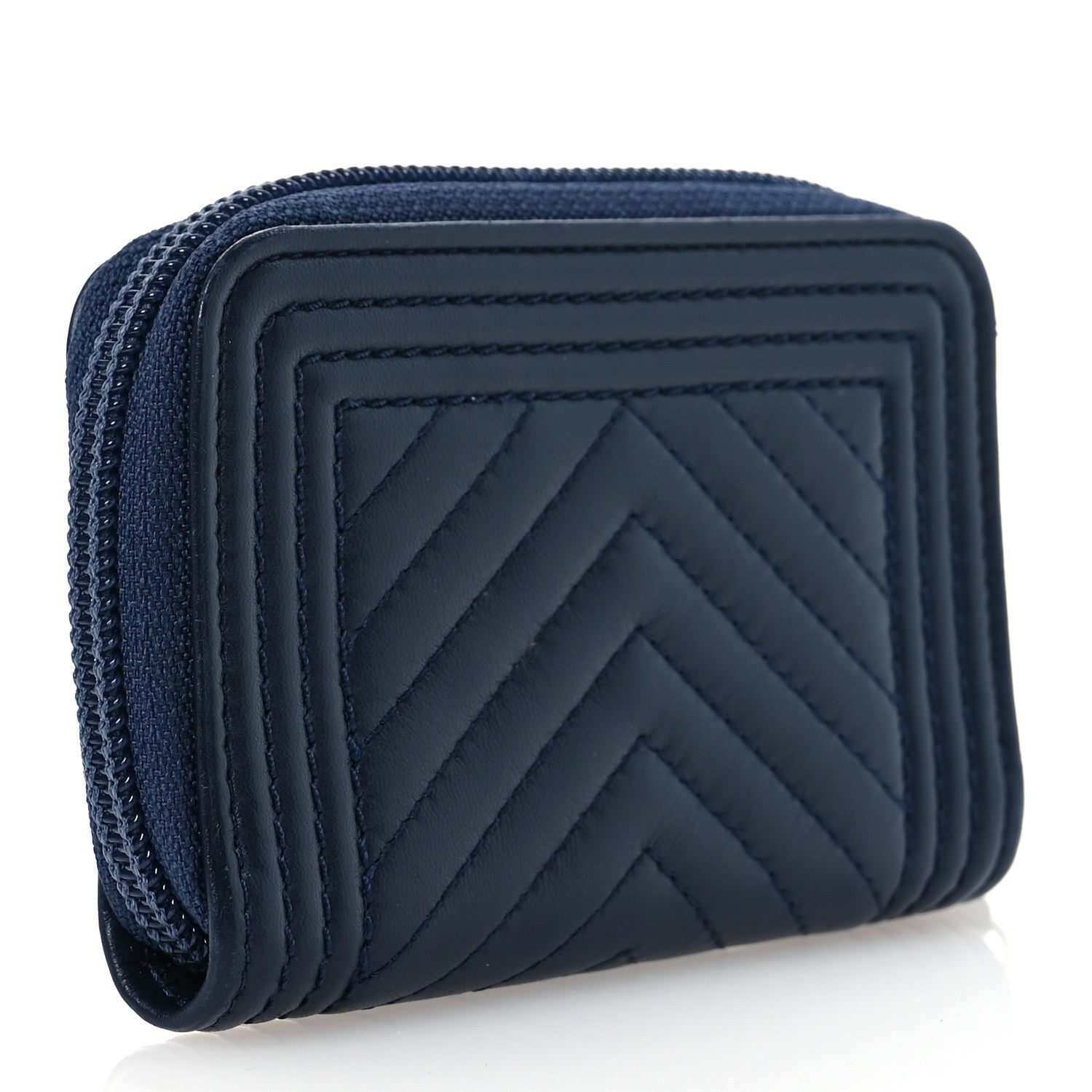 Chanel Calfskin Chevron Quilted Zip Around Boy Coin Purse Navy Blue 3 of 11