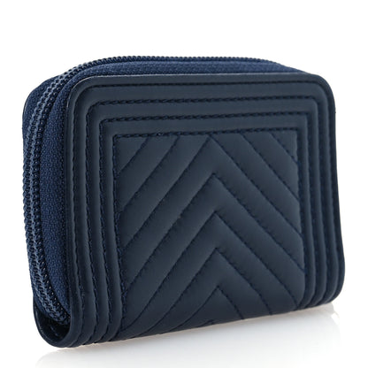Chanel Calfskin Chevron Quilted Zip Around Boy Coin Purse Navy Blue 3 of 11