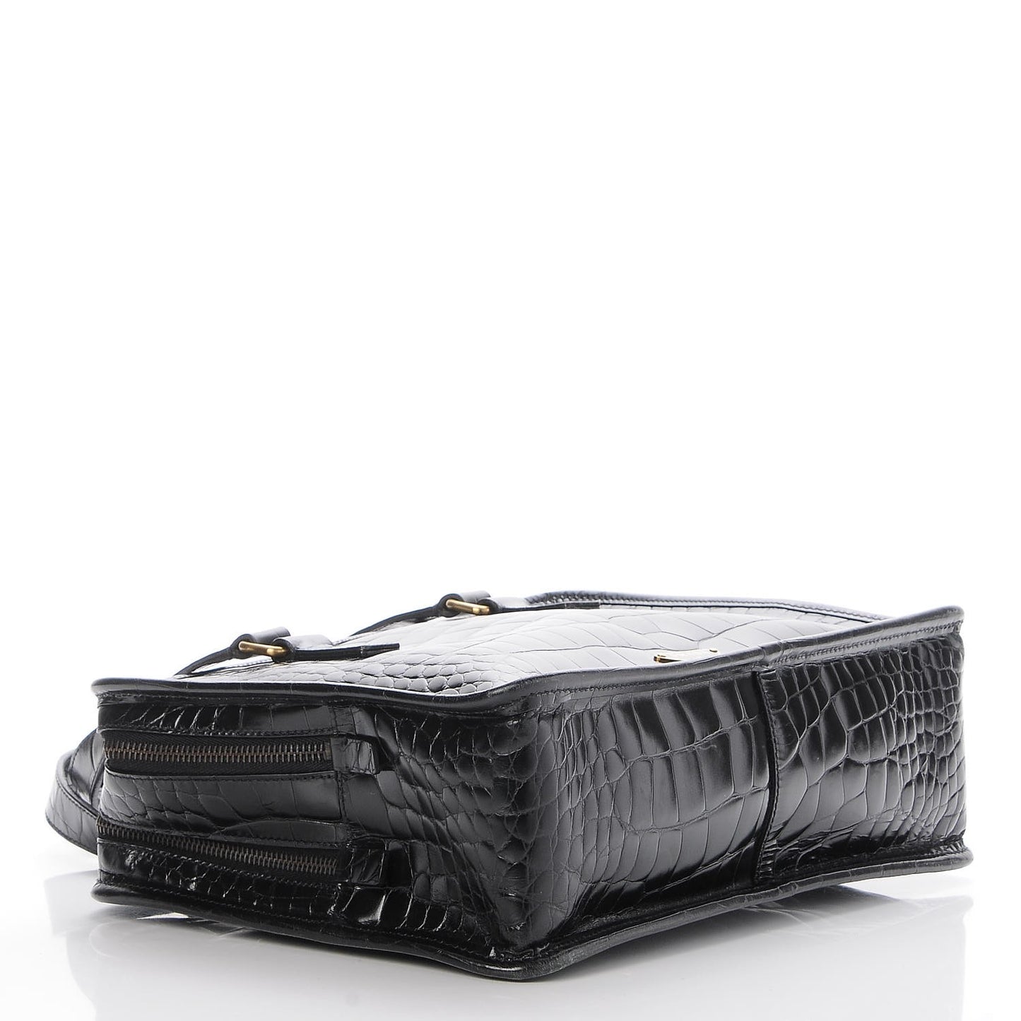 Shiny Calfskin Crocodile Embossed Double Zip Tote Black