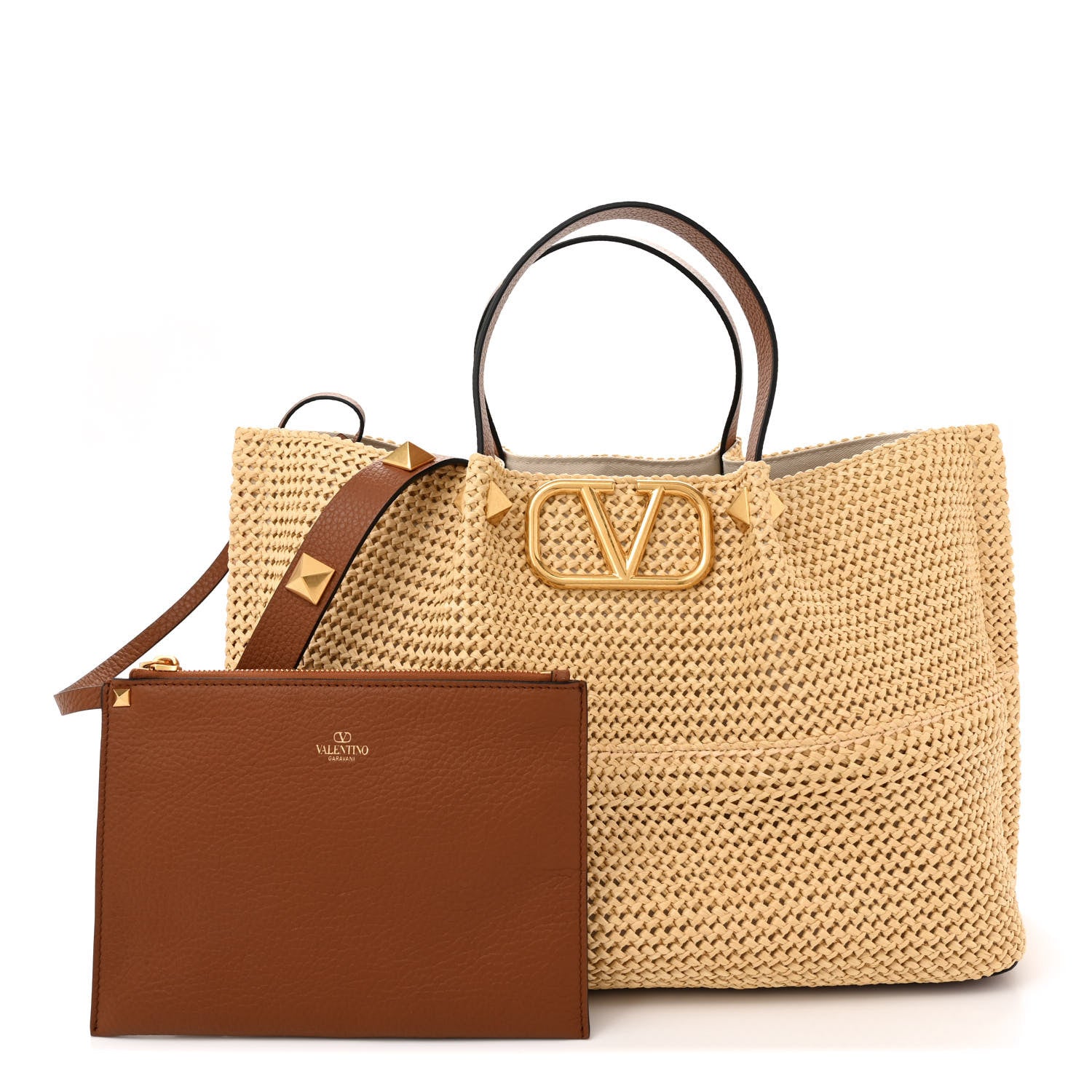 Valentino Garavani Raffia Grained Calfskin Medium Rockstud Vlogo Tote Naturale 3 of 11