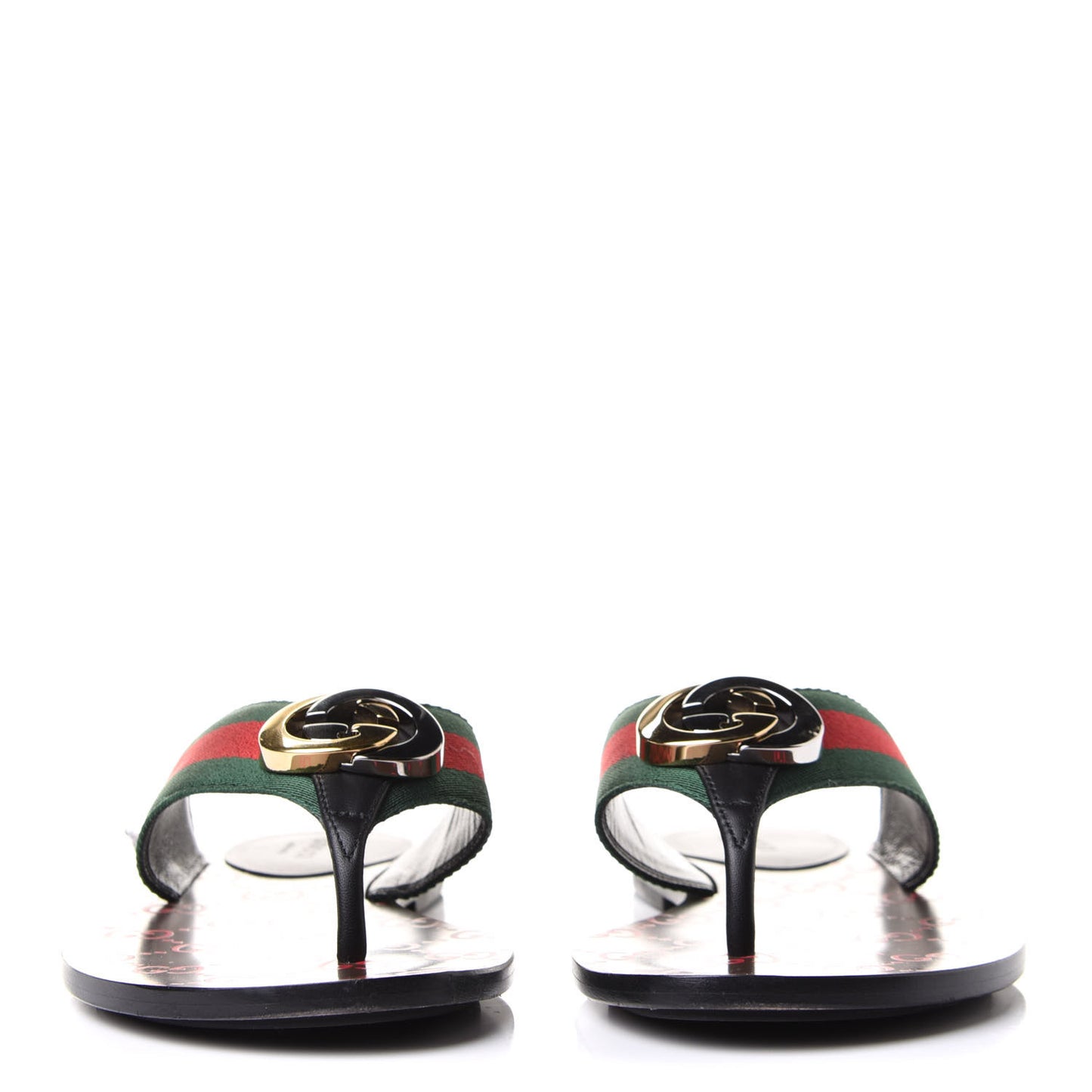 Nylon Calfskin Web GG Monogram Womens Thong Sandals 37 Green Red Cocoa