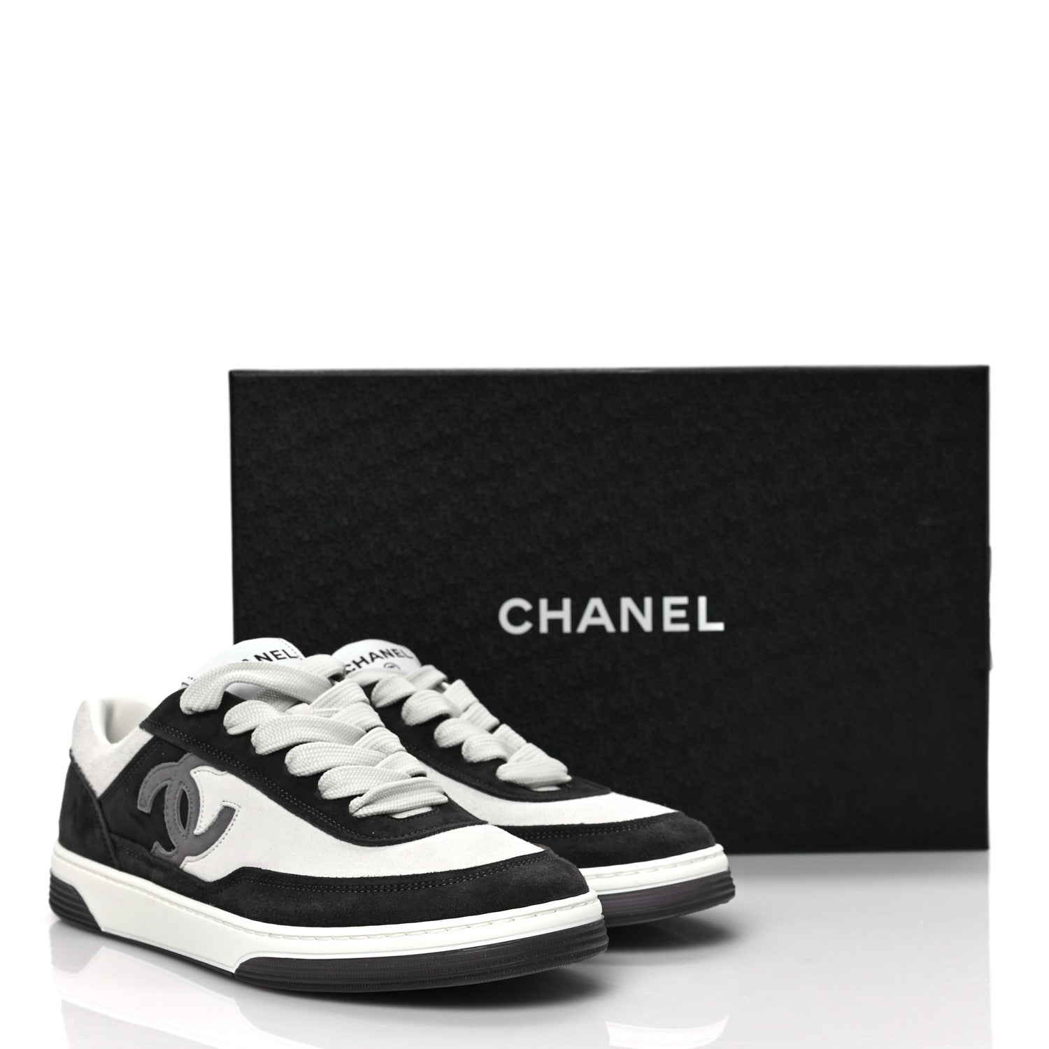 Chanel Suede Kidskin Womens CC Sneakers 38.5 Black White 8 of 8