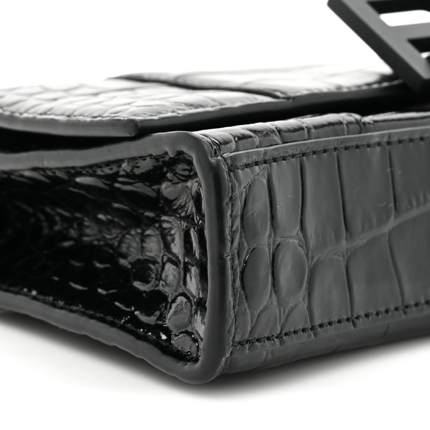 Shiny Calfskin Monochrome Crocodile Embossed Small Hourglass Evening Chain Bag Black
