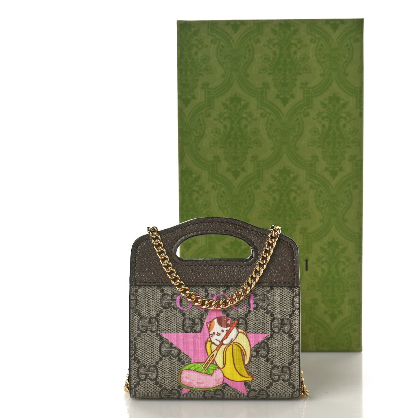 X BNF GG Supreme Monogram Textured Dollar Calfskin Bananya Print Mini Top Slip Handle Bag Beige Ebony Multicolor New Acero