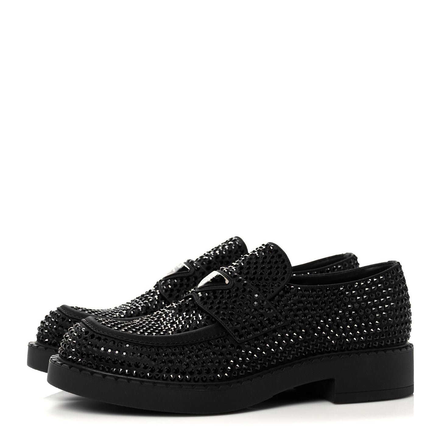 Satin Crystal Metal Triangle Logo Mens Loafers 7 Black