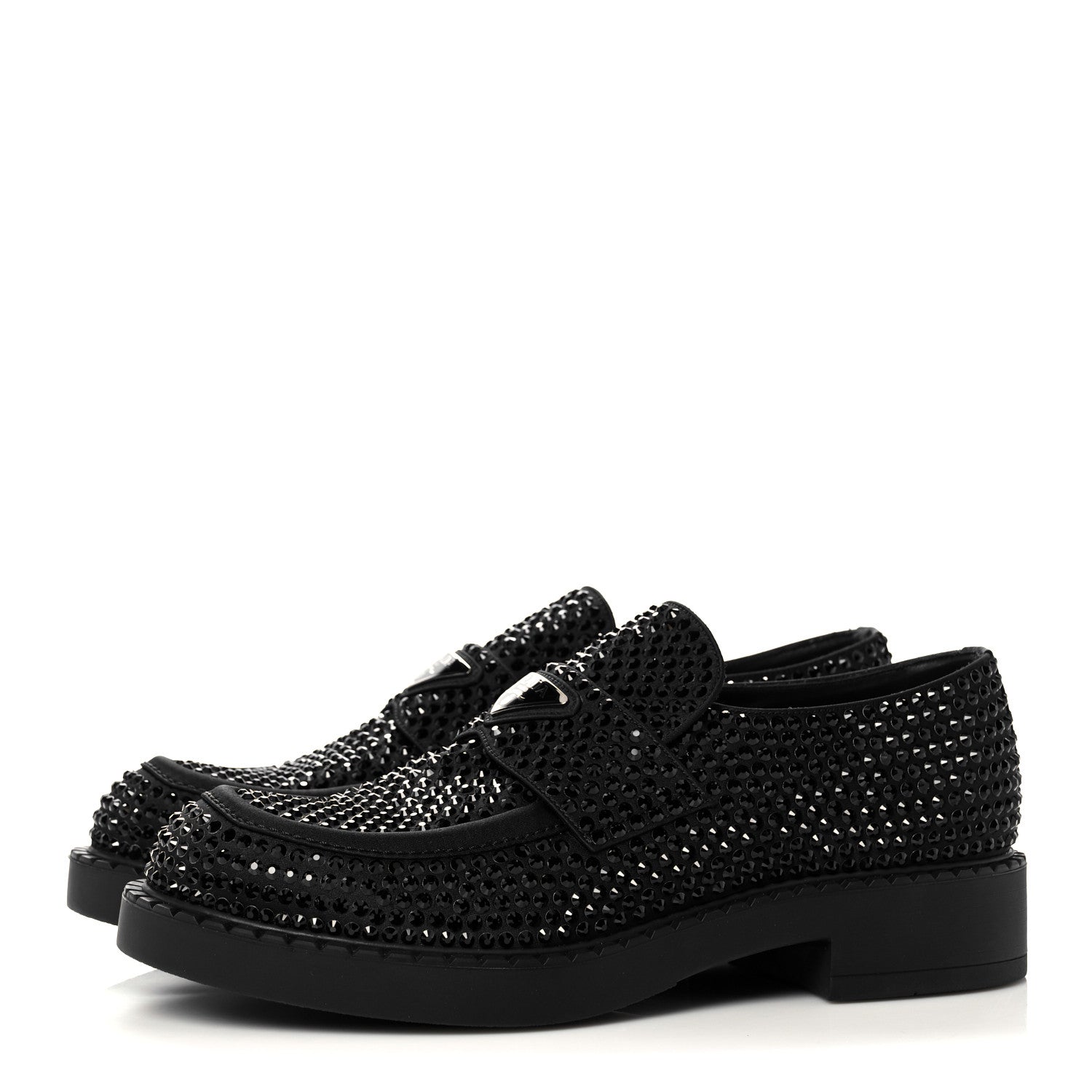 Prada Satin Crystal Metal Triangle Logo Mens Loafers 7 Black 3 of 7