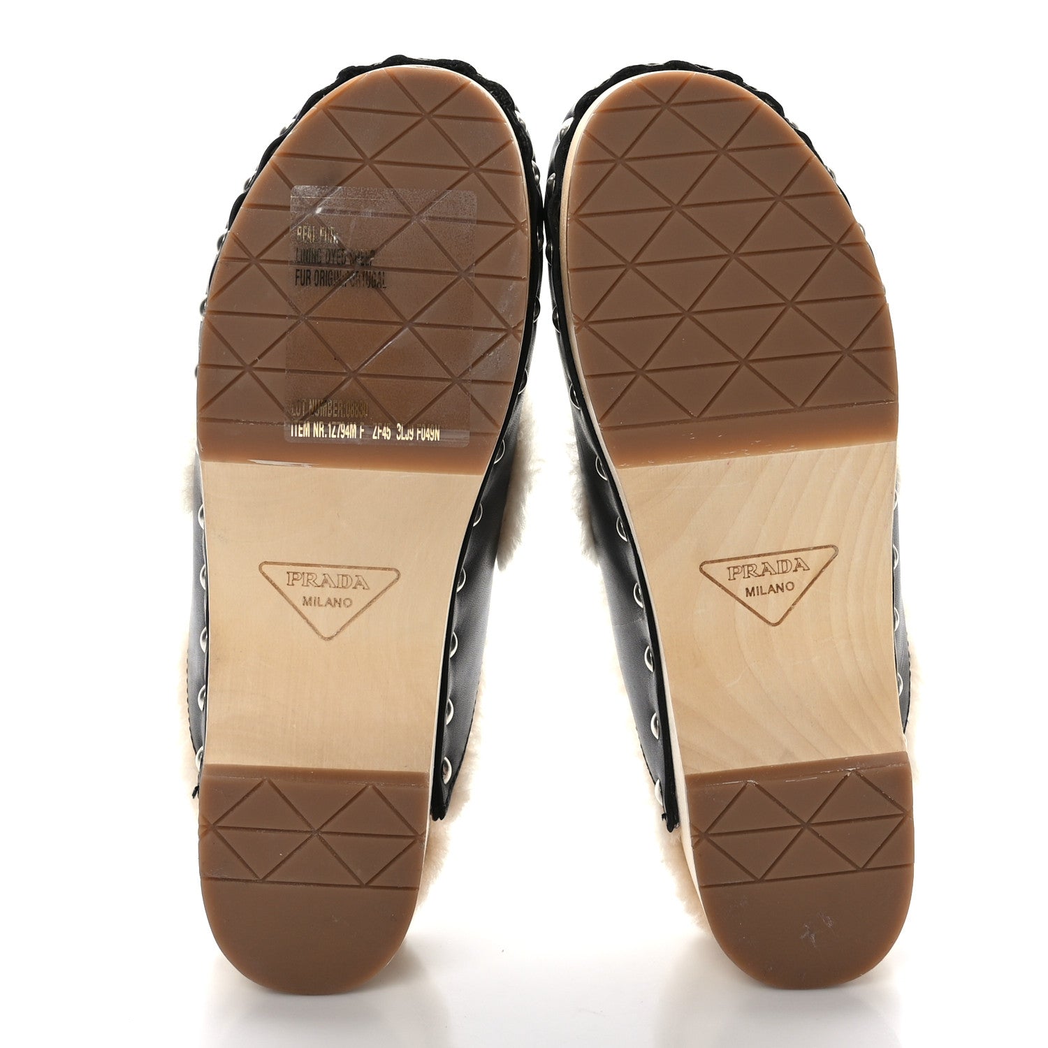 Prada Natural Calfskin Shearling Metal Triangle Logo 45mm Clogs 39 Black Sabbia 5 of 8
