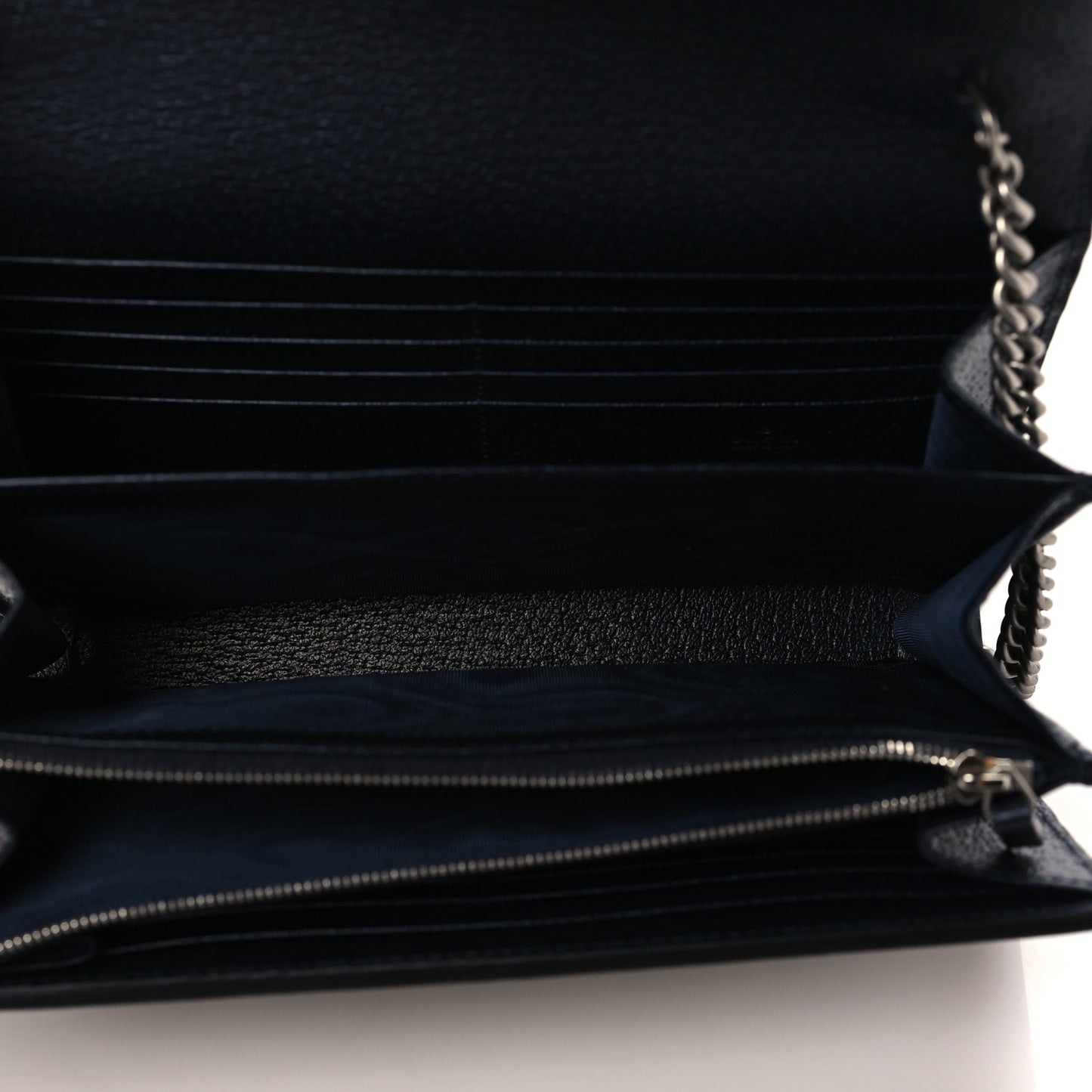GG Supreme Monogram Textured Dollar Calfskin Mini Dionysus Chain Wallet Beige Blue