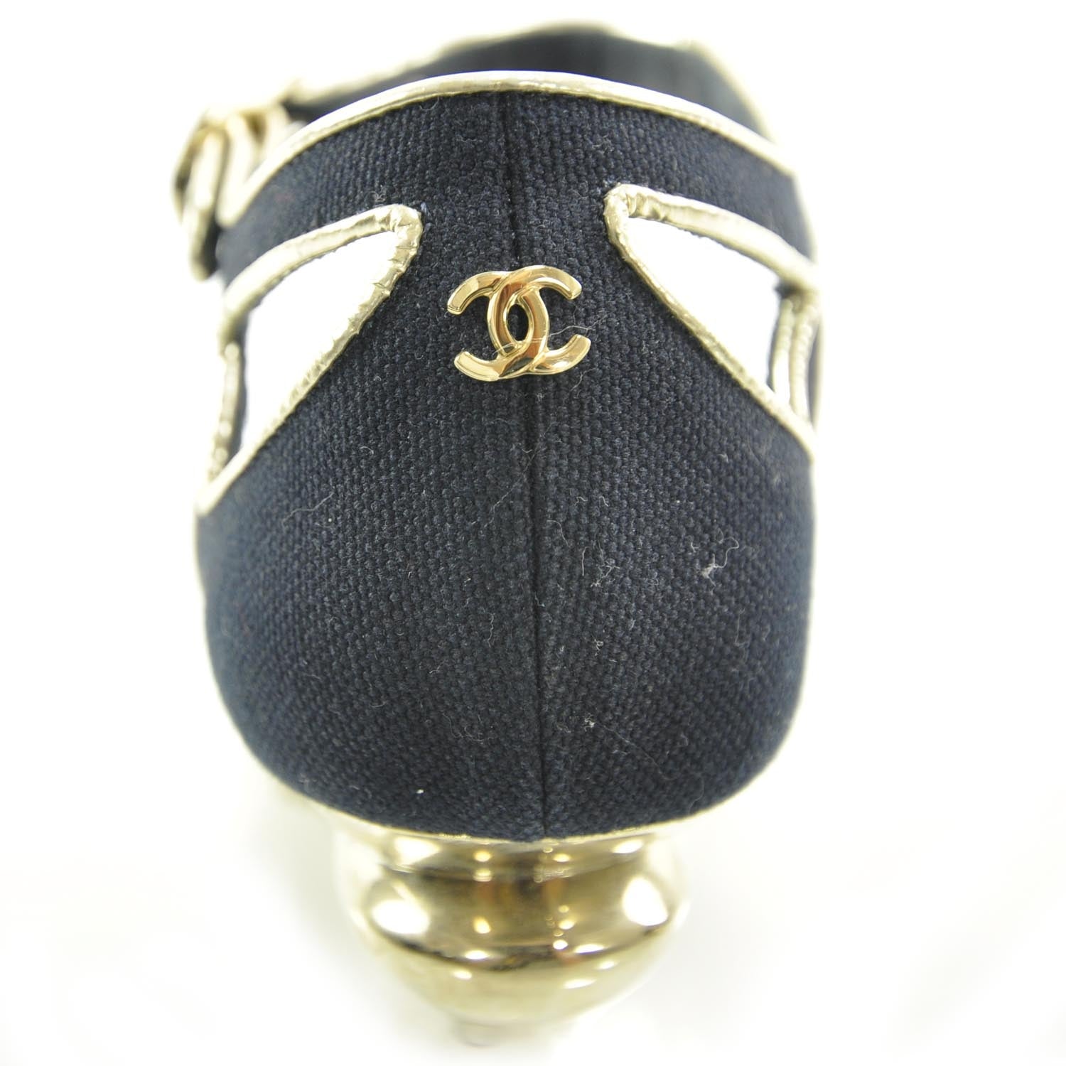 Chanel Linen CC Heels 36 Navy Gold 8 of 9