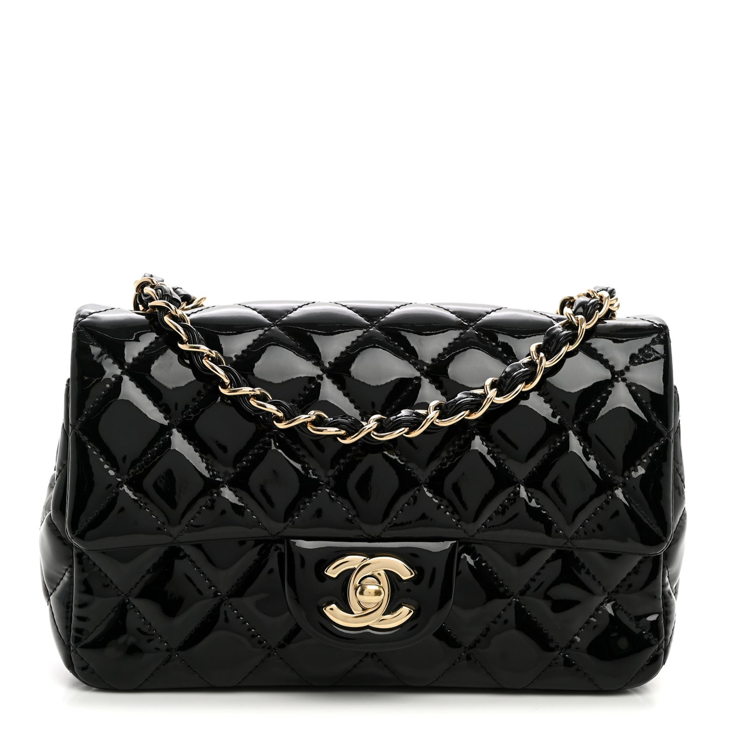 Patent Calfskin Quilted Mini Rectangular Flap Black