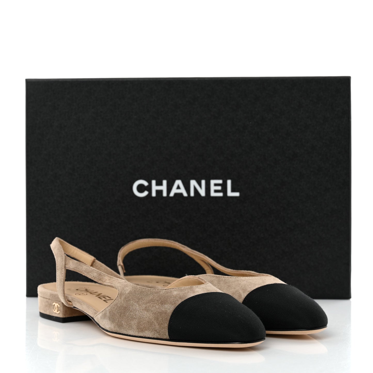 Suede Satin Cap Toe CC Slingback Sandals 36.5 Beige Black
