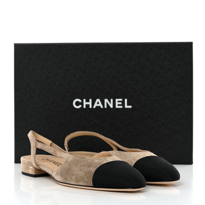 Chanel Suede Satin Cap Toe CC Slingback Sandals 36.5 Beige Black 9 of 9