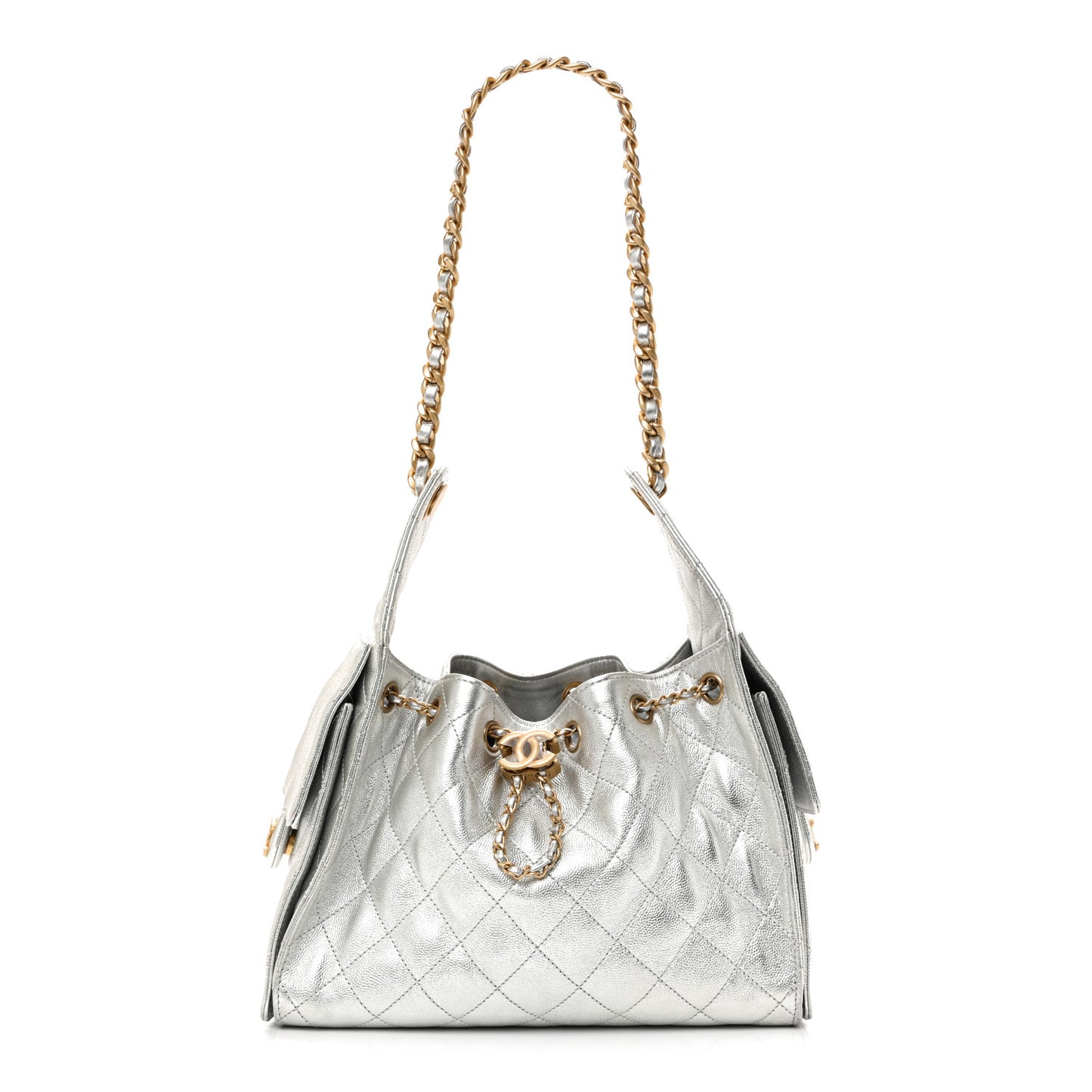 Metallic Caviar Quilted Small Chanel 25 Handbag Silver