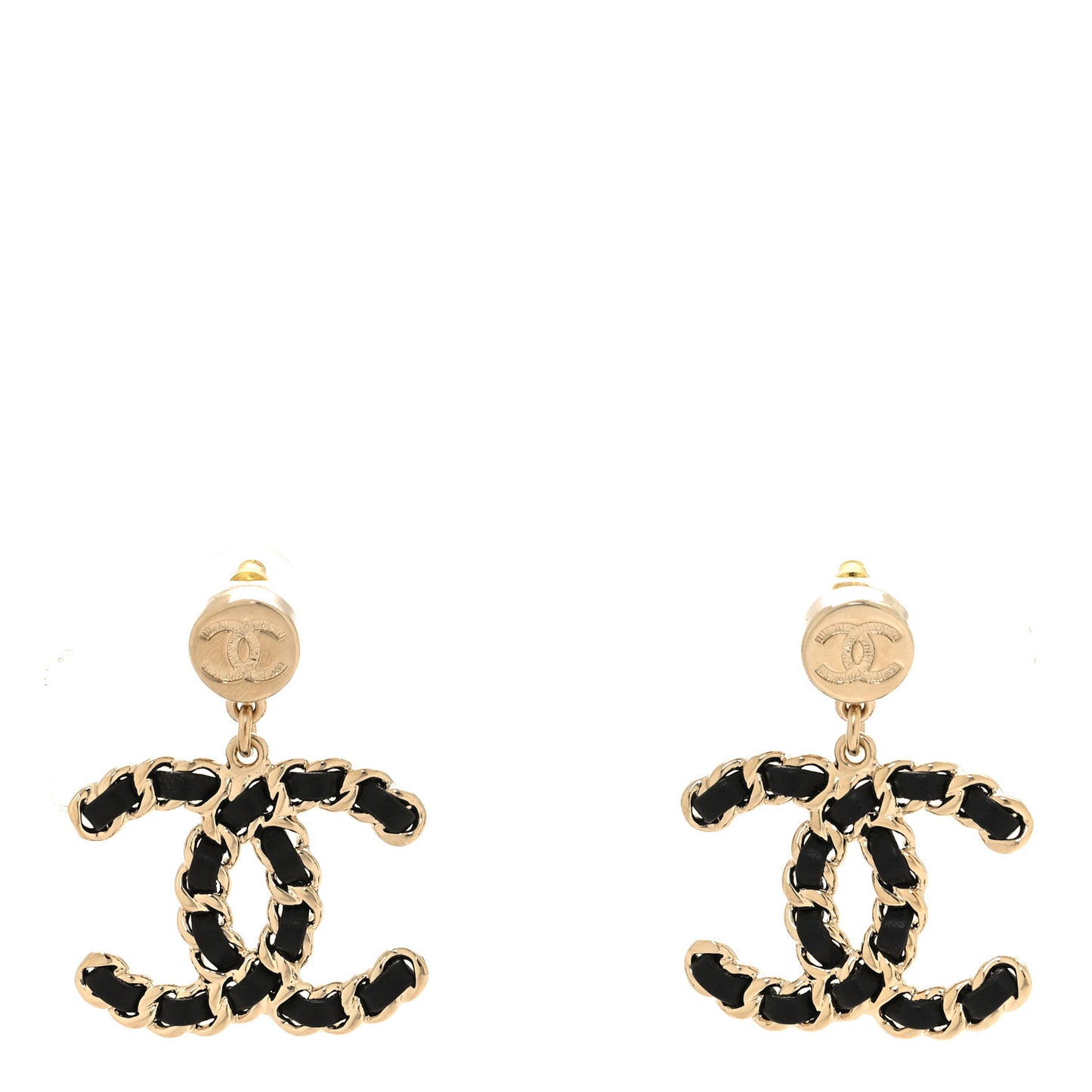 Lambskin Chain CC Drop Earrings Black Gold