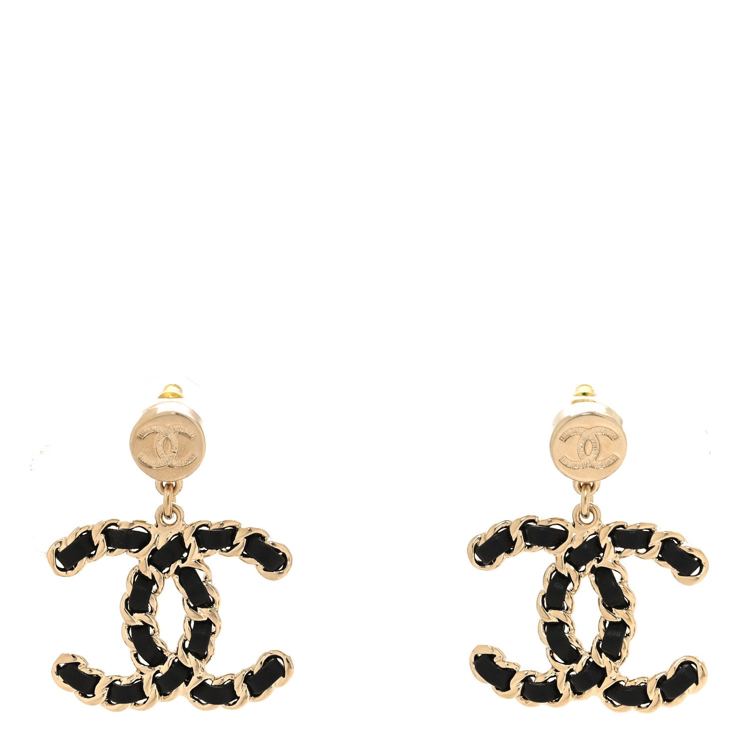 Chanel Lambskin Chain CC Drop Earrings Black Gold 1 of 5