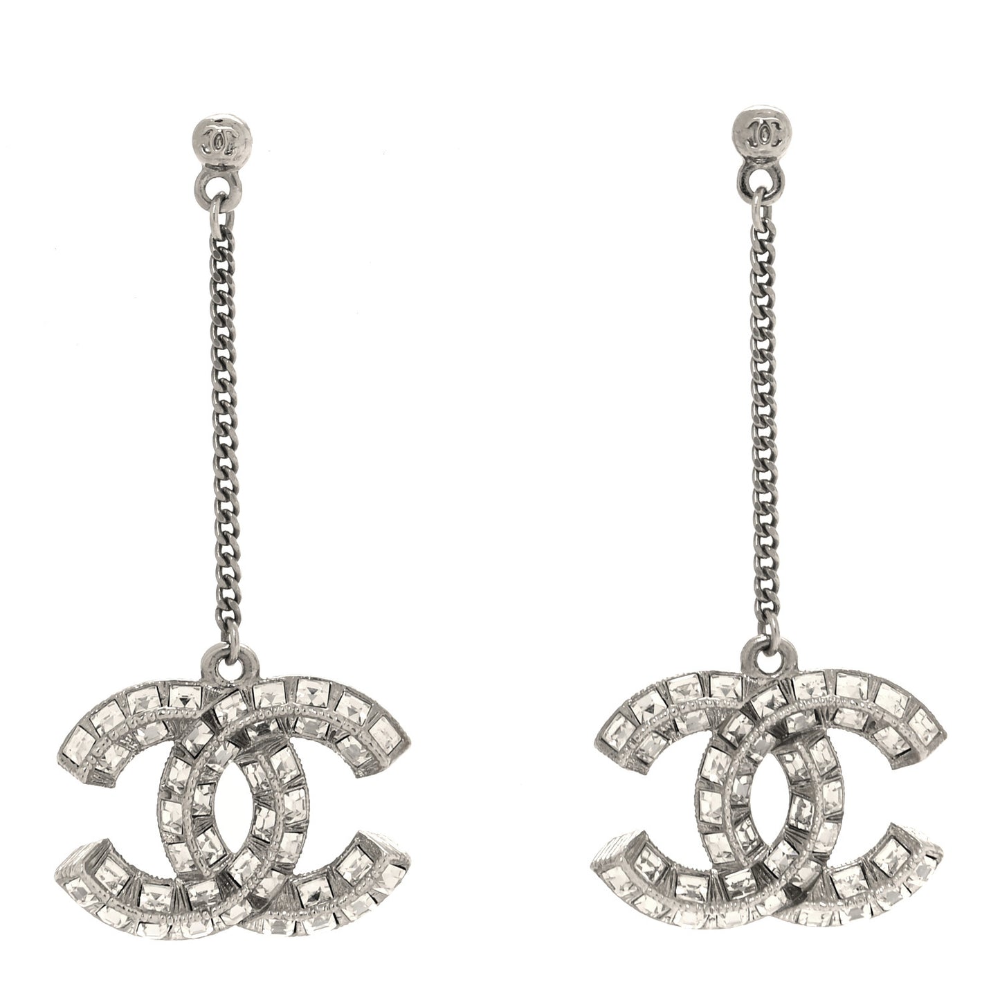 Baguette Crystal CC Drop Earrings Silver