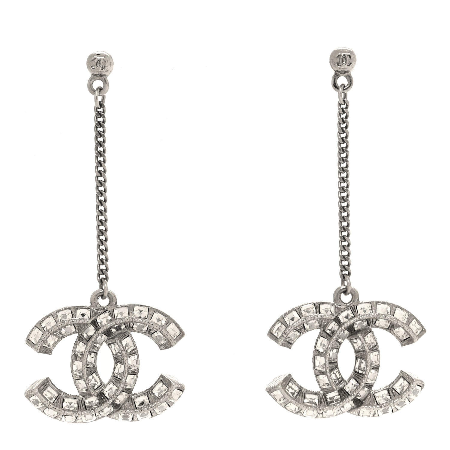 Chanel Baguette Crystal CC Drop Earrings Silver 1 of 5