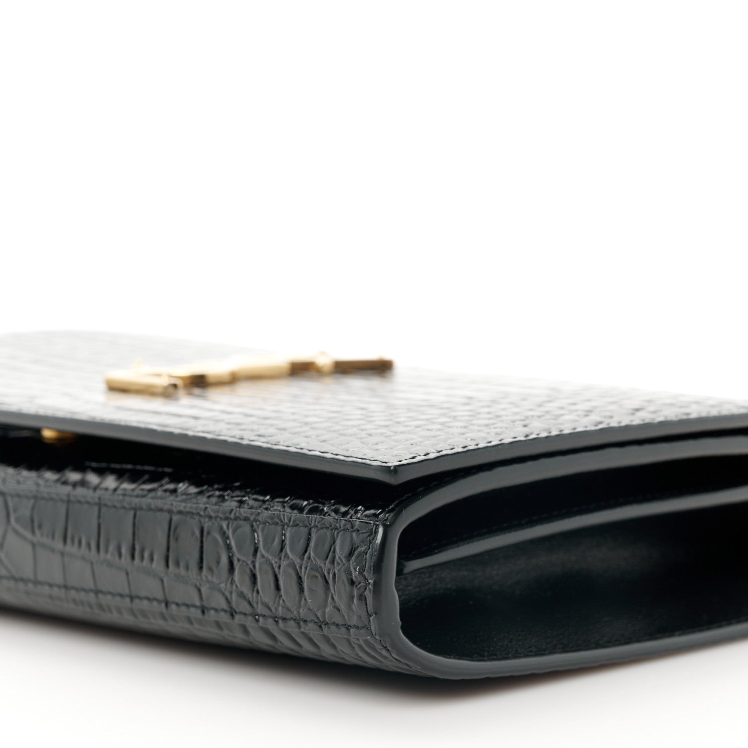 Saint Laurent Calfskin Crocodile Embossed Cassandre Wallet On Chain WOC Black 9 of 9