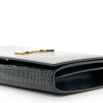 Saint Laurent Calfskin Crocodile Embossed Cassandre Wallet On Chain WOC Black 9 of 9