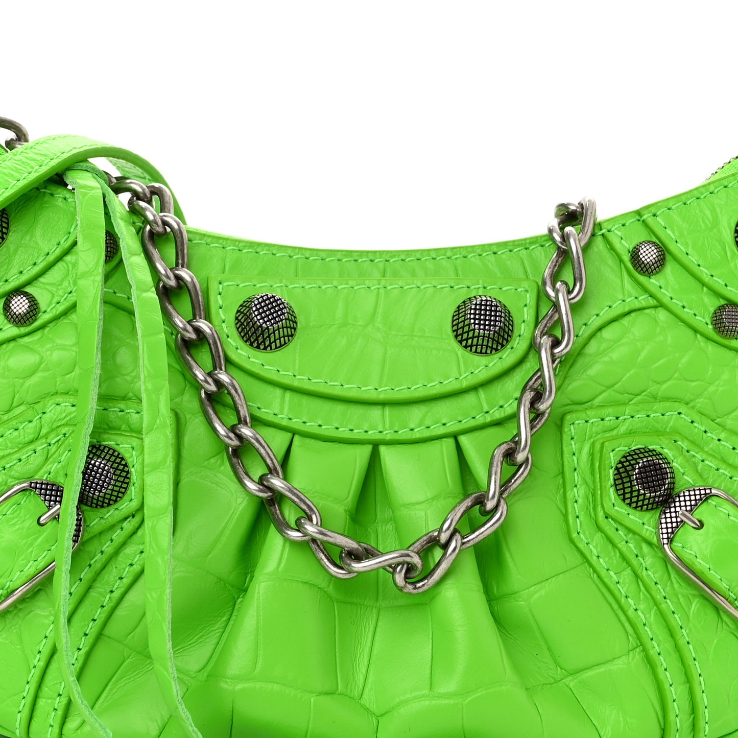 Extra Supple Calfskin Crocodile Embossed Le Cagole Mini Purse With Chain Acid Green