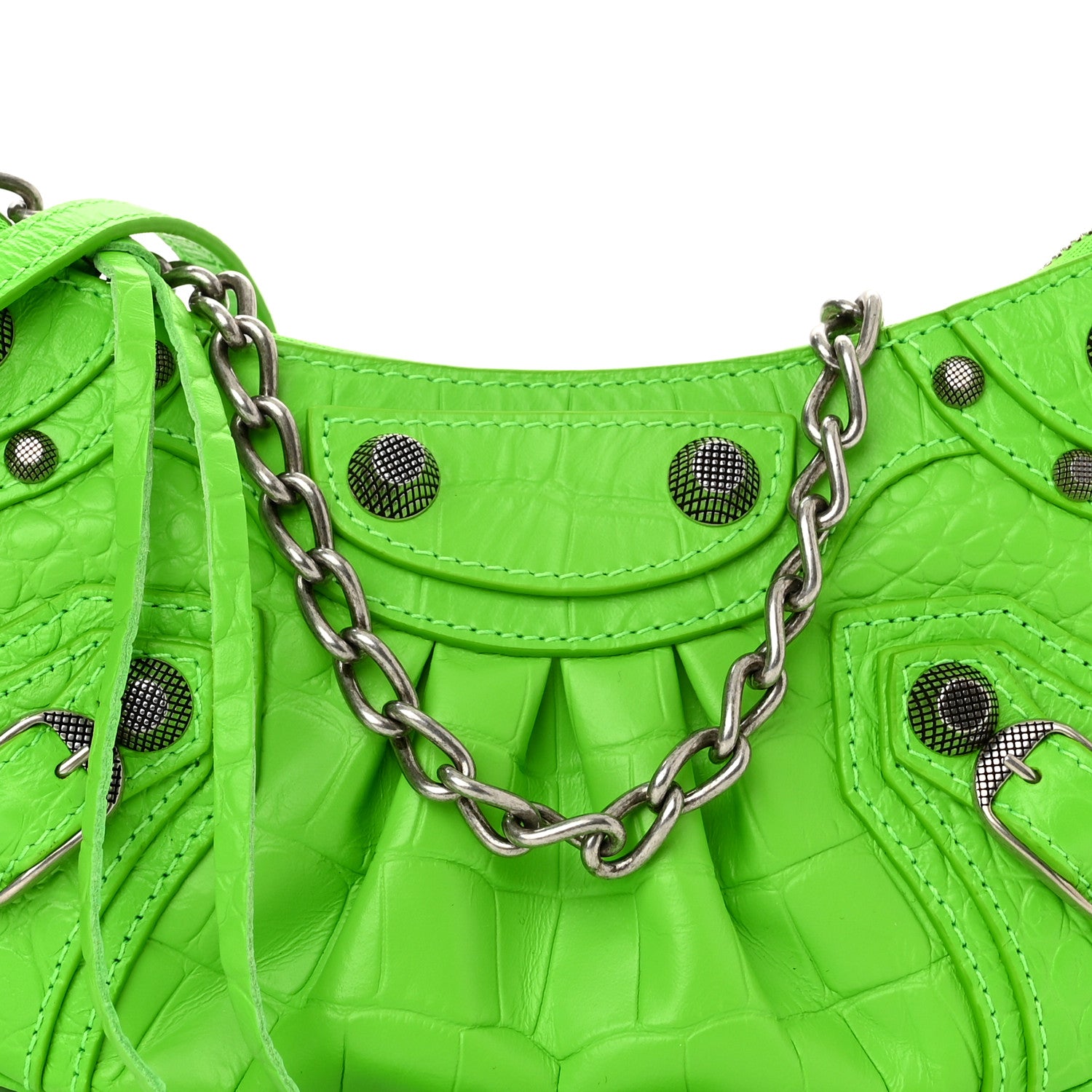 Balenciaga Extra Supple Calfskin Crocodile Embossed Le Cagole Mini Purse With Chain Acid Green 7 of 9
