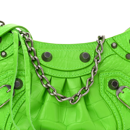 Balenciaga Extra Supple Calfskin Crocodile Embossed Le Cagole Mini Purse With Chain Acid Green 7 of 9