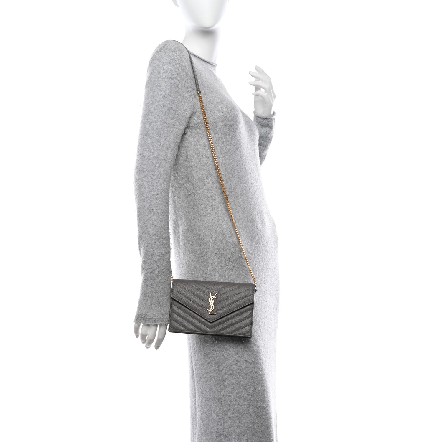 Saint Laurent Grain De Poudre Matelasse Chevron Monogram Envelope Chain Wallet Fog 2 of 11