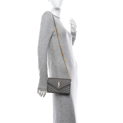 Saint Laurent Grain De Poudre Matelasse Chevron Monogram Envelope Chain Wallet Fog 2 of 11