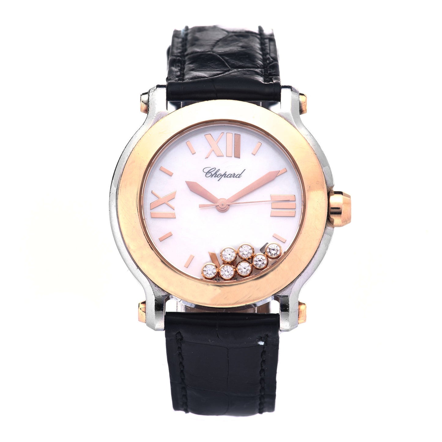 Stainless Steel 18K Rose Gold Alligator 7 Diamond 36mm Happy Sport Quartz Watch