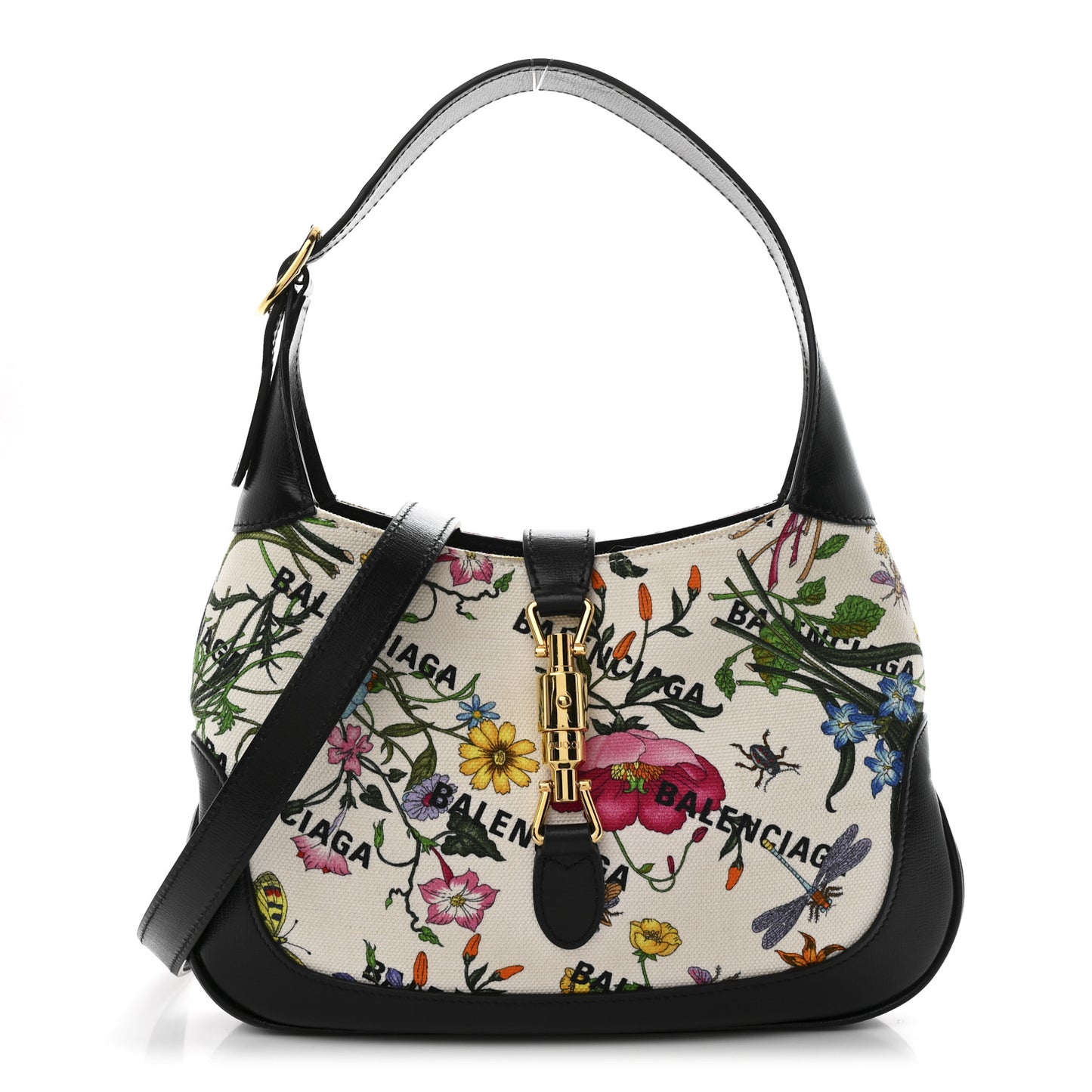 X BALENCIAGA Canvas Boarded Pluton Calfskin Flora Logo Print Small Jackie 1961 Hobo White Multicolor Black