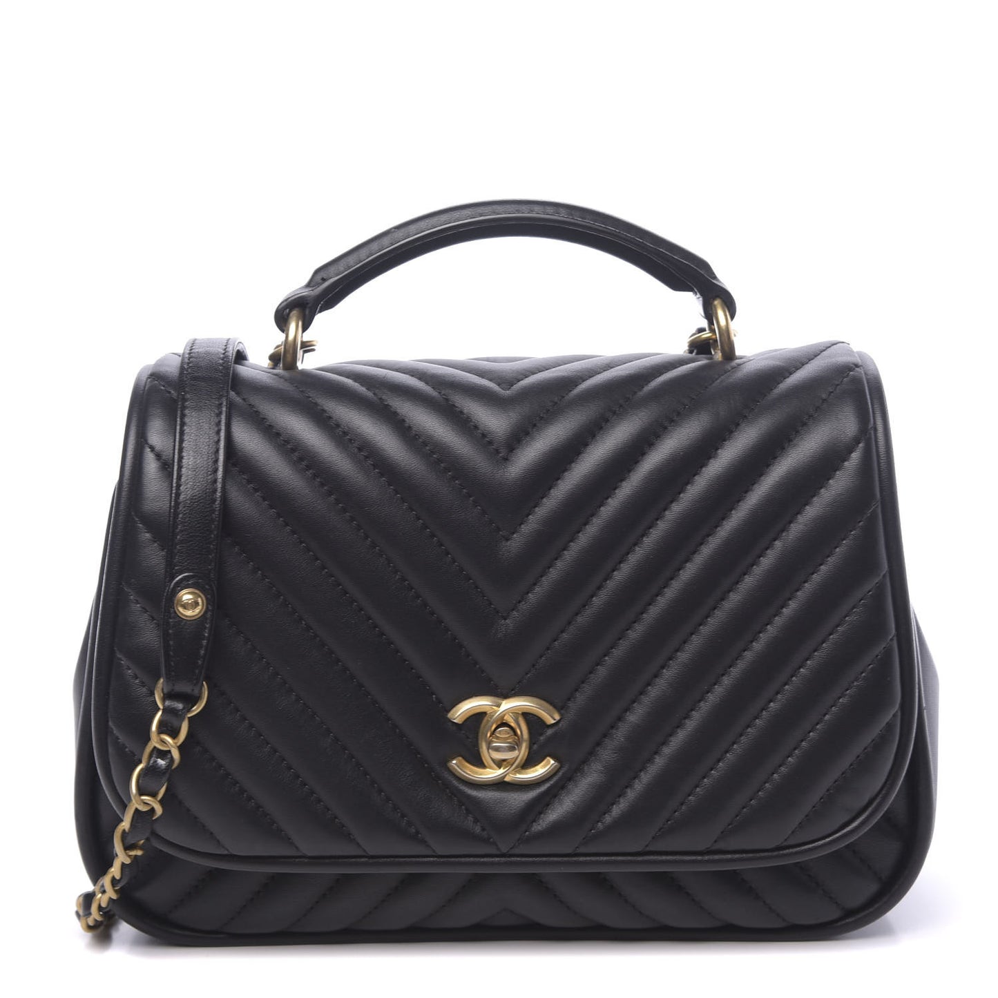 Lambskin Reverse Chevron Quilted Round Top Handle Flap Black