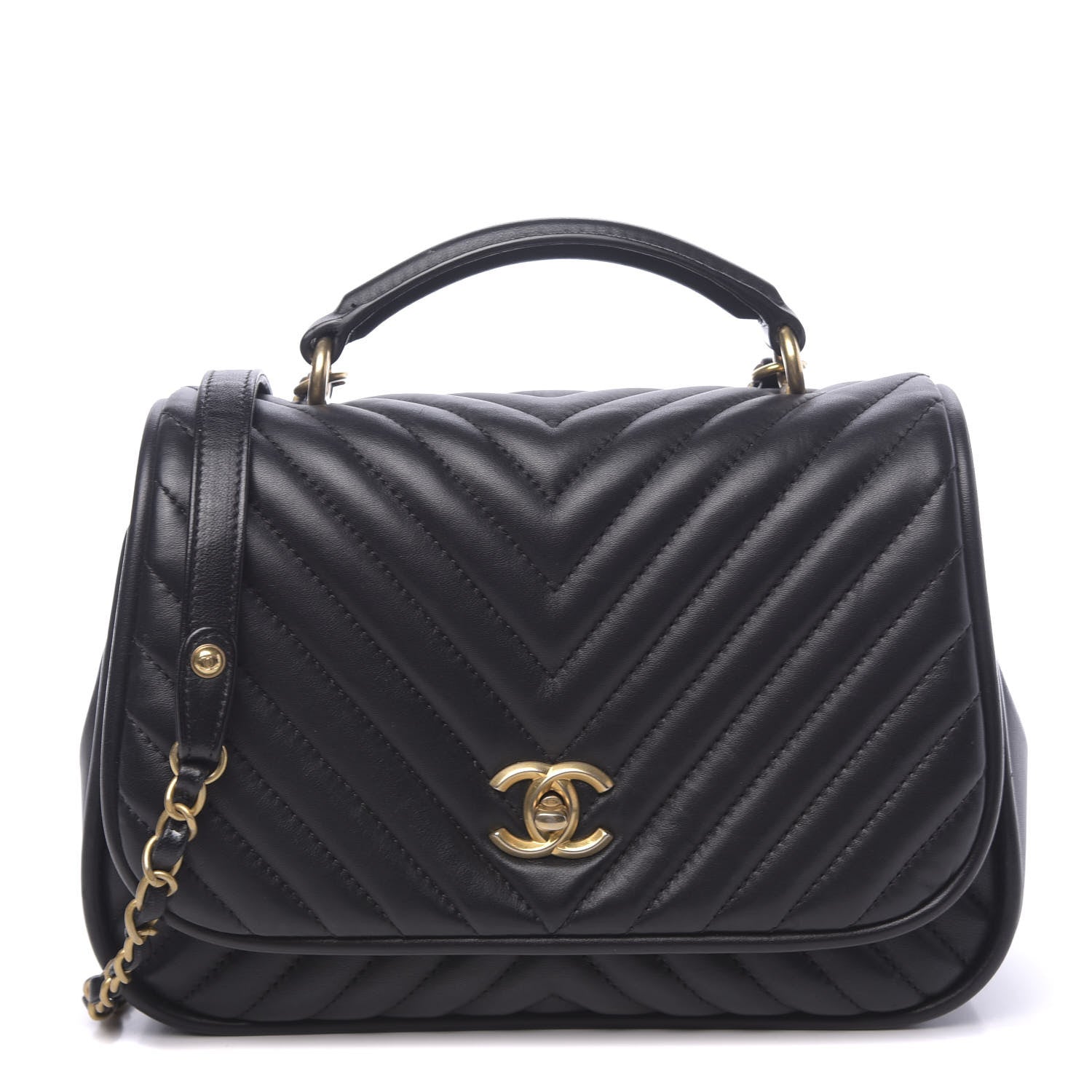 Chanel Lambskin Reverse Chevron Quilted Round Top Handle Flap Black 1 of 10