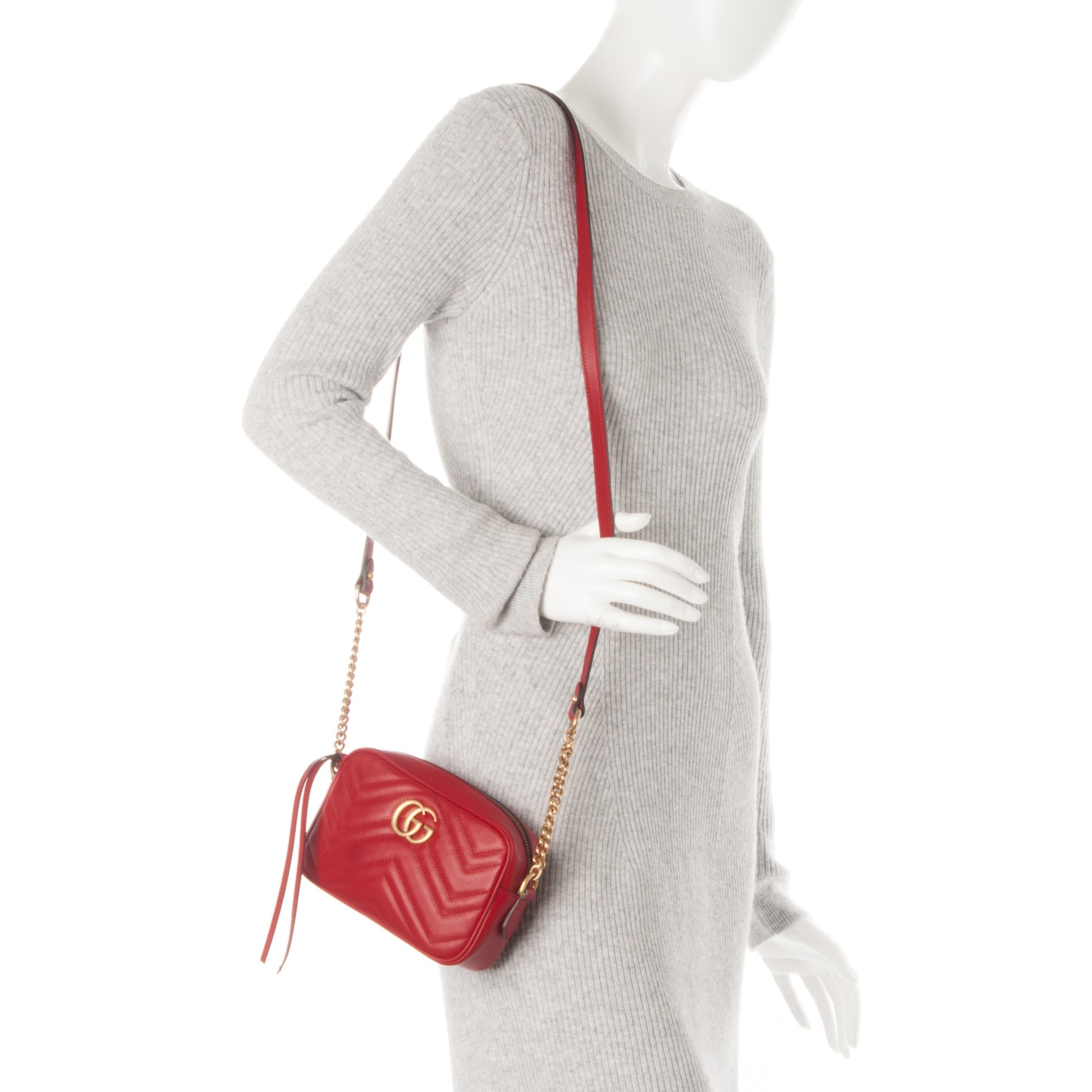 Gucci Calfskin Matelasse Mini GG Marmont Chain Shoulder Bag Hibiscus Red 2 of 7