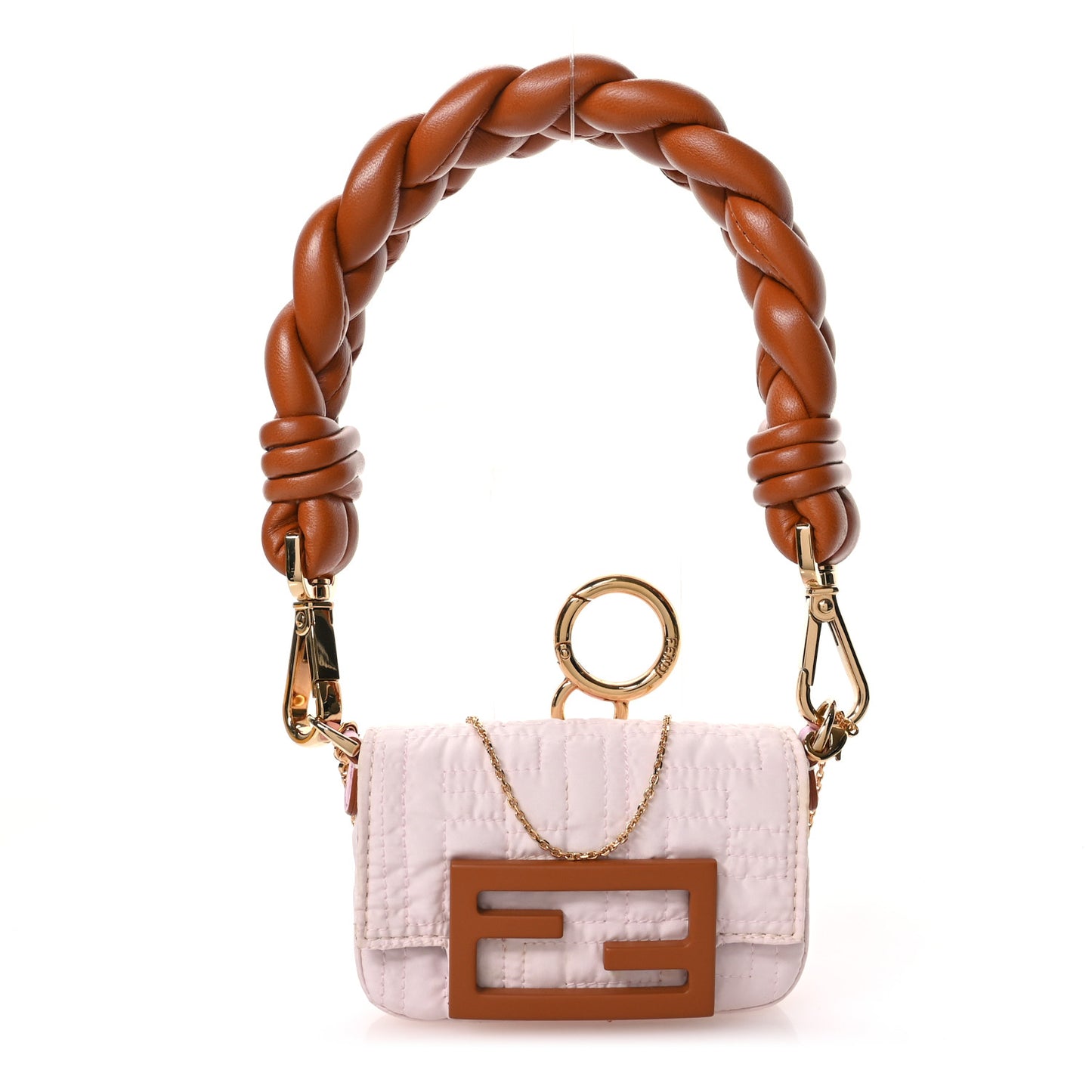 Nylon Nappa FF Embroidered Nano Baguette Maxi Handle Charm Light Pink