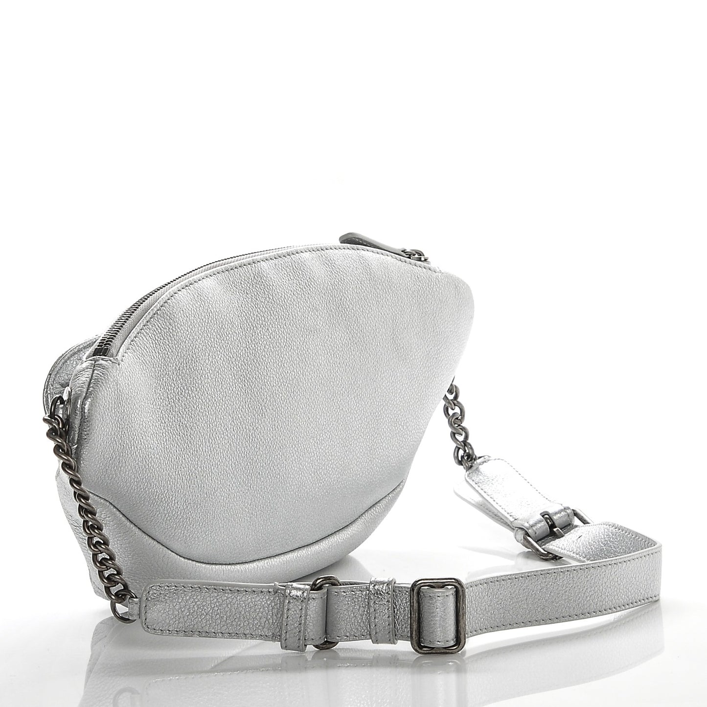 Metallic Grained Calfskin Quilted Casual Rock Waist Bag Fanny Pack Silver
