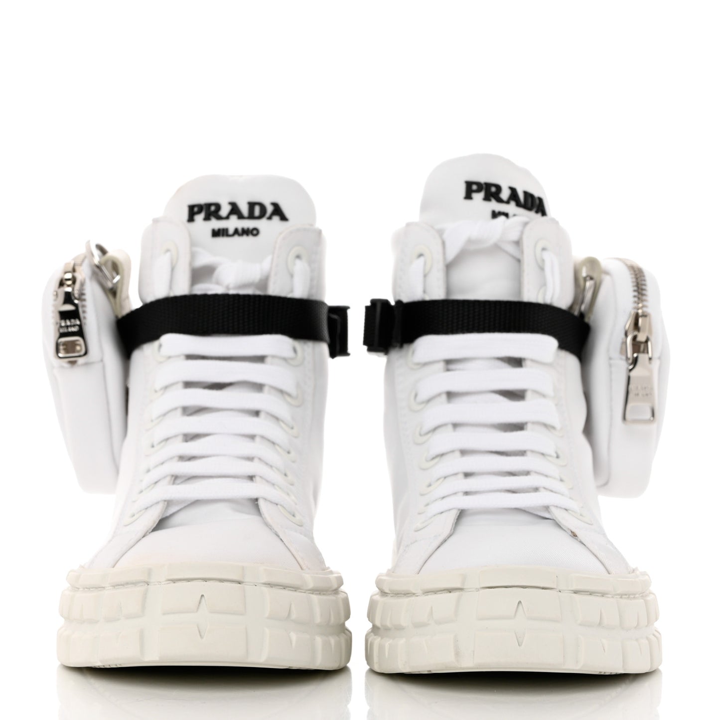 Re-Nylon Gabardine Metal Triangle Logo Wheel Pouch Pocket High Top Sneakers 35.5 White