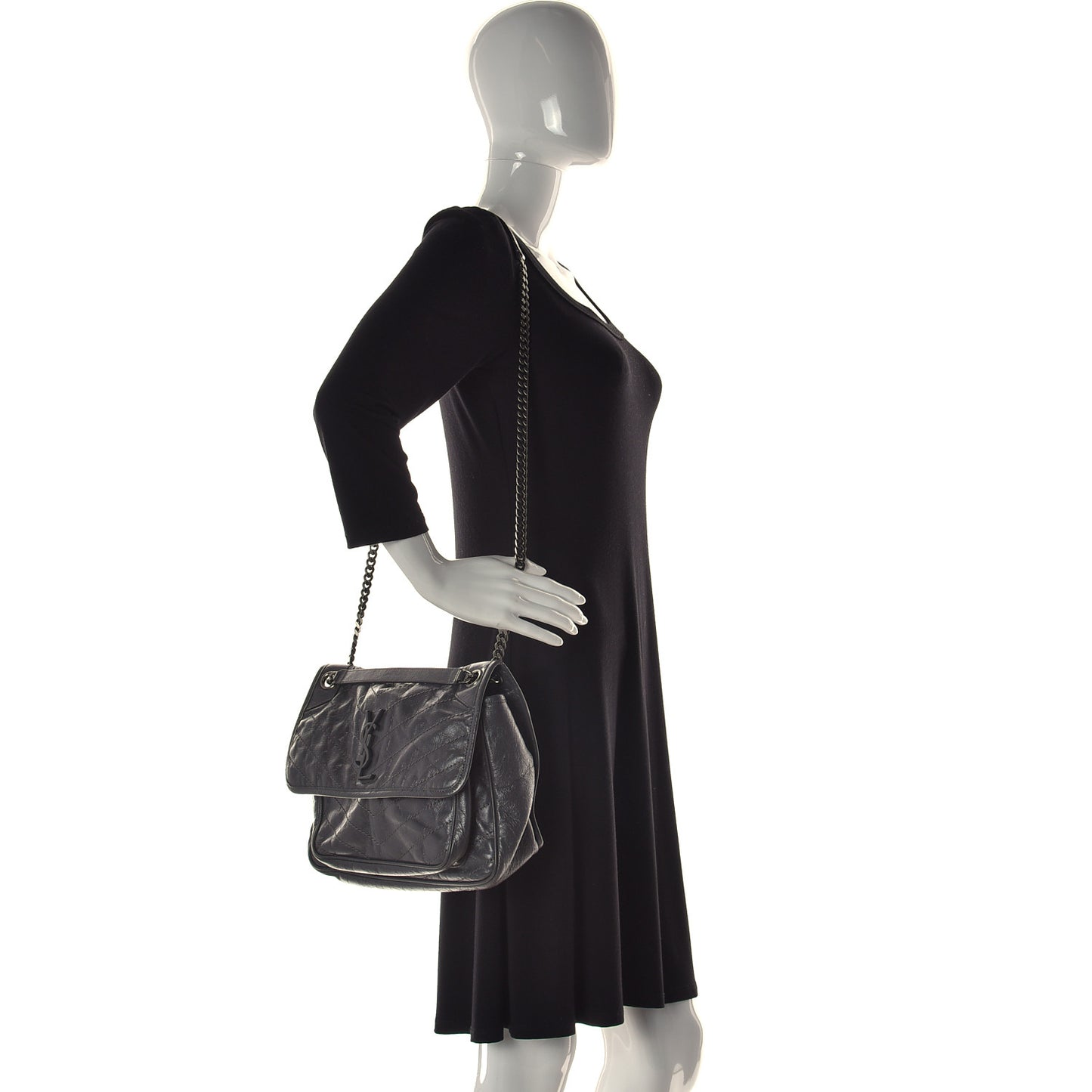 Crinkled Calfskin Matelasse Monogram Medium Niki Chain Satchel Asphalt